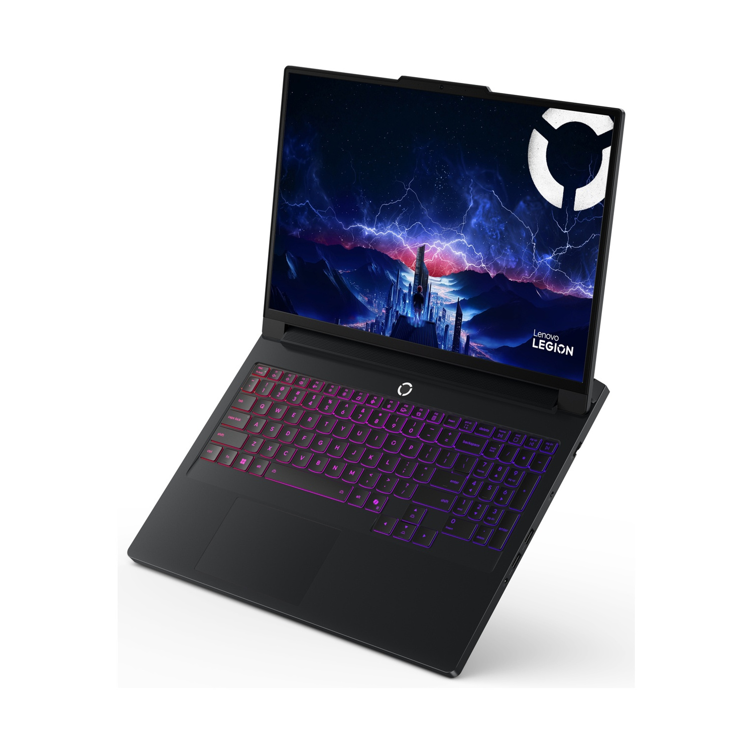 Laptop Lenovo Legion nero con tastiera illuminata e sfondo a tema gaming.