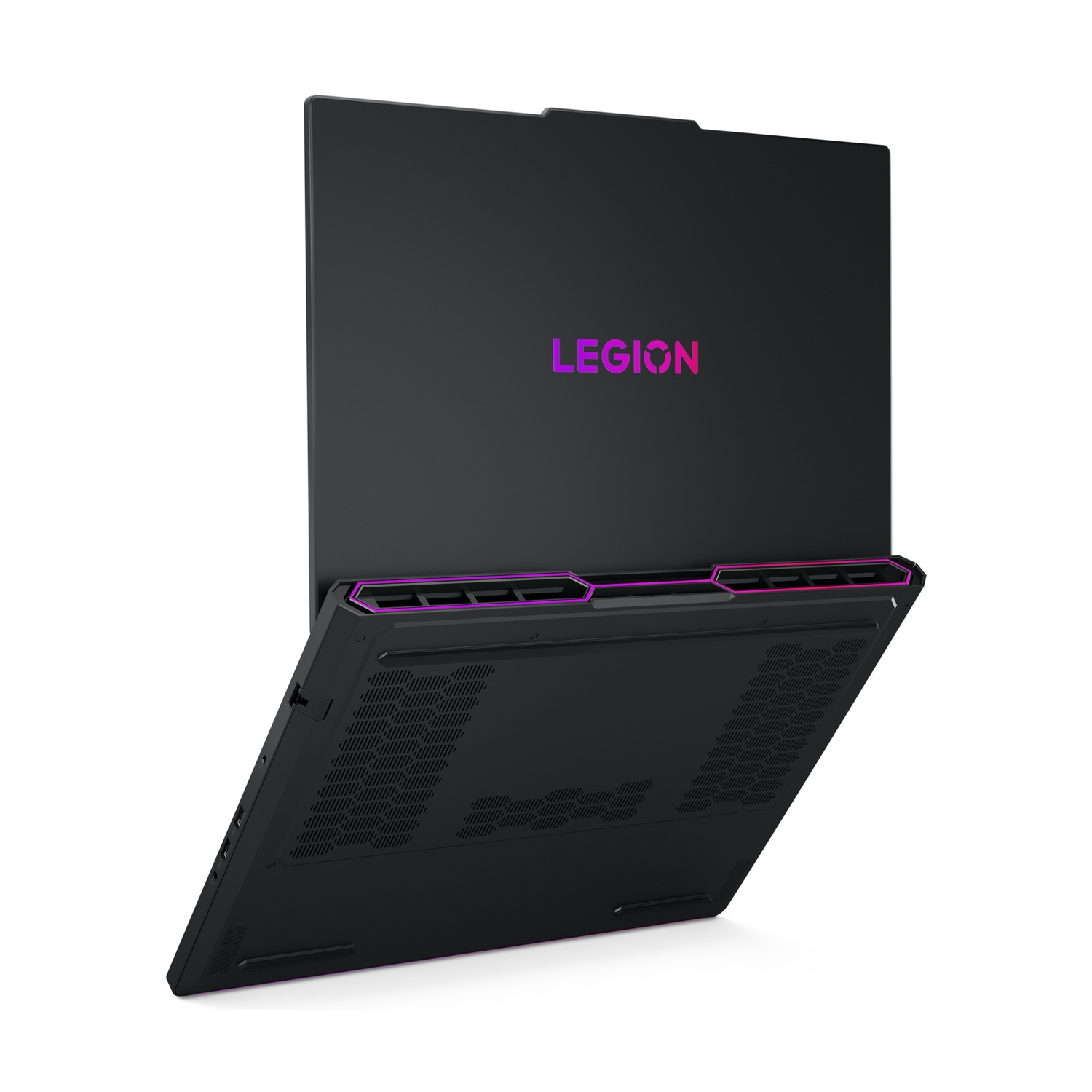 Laptop da gaming nero con accenti viola e logo "LEGION".