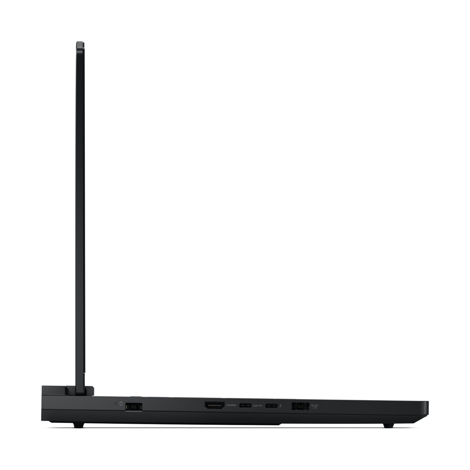 Vista laterale di un laptop nero che mostra porte come HDMI e USB-C.