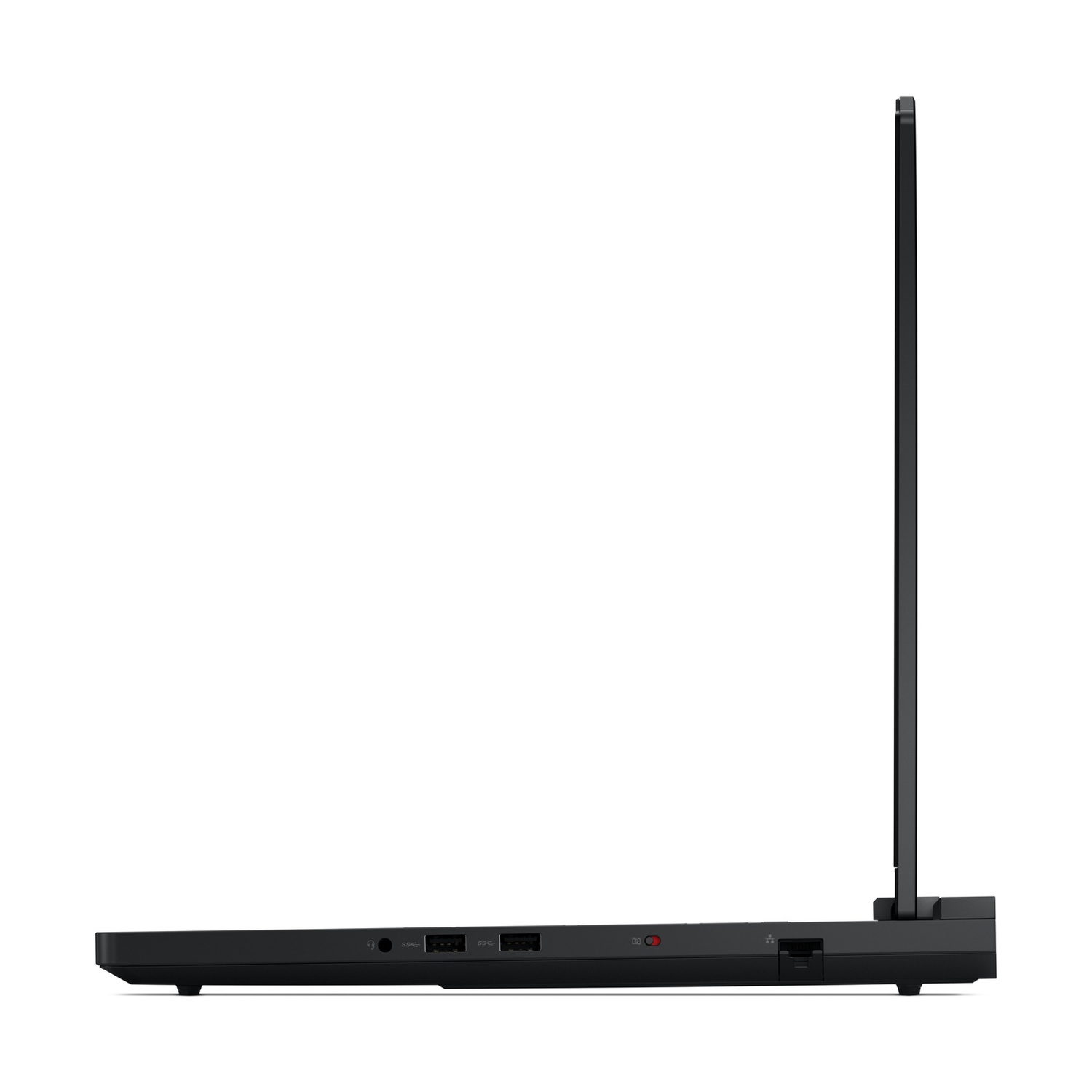 Laptop nero di profilo, schermo verticale, porte visibili.