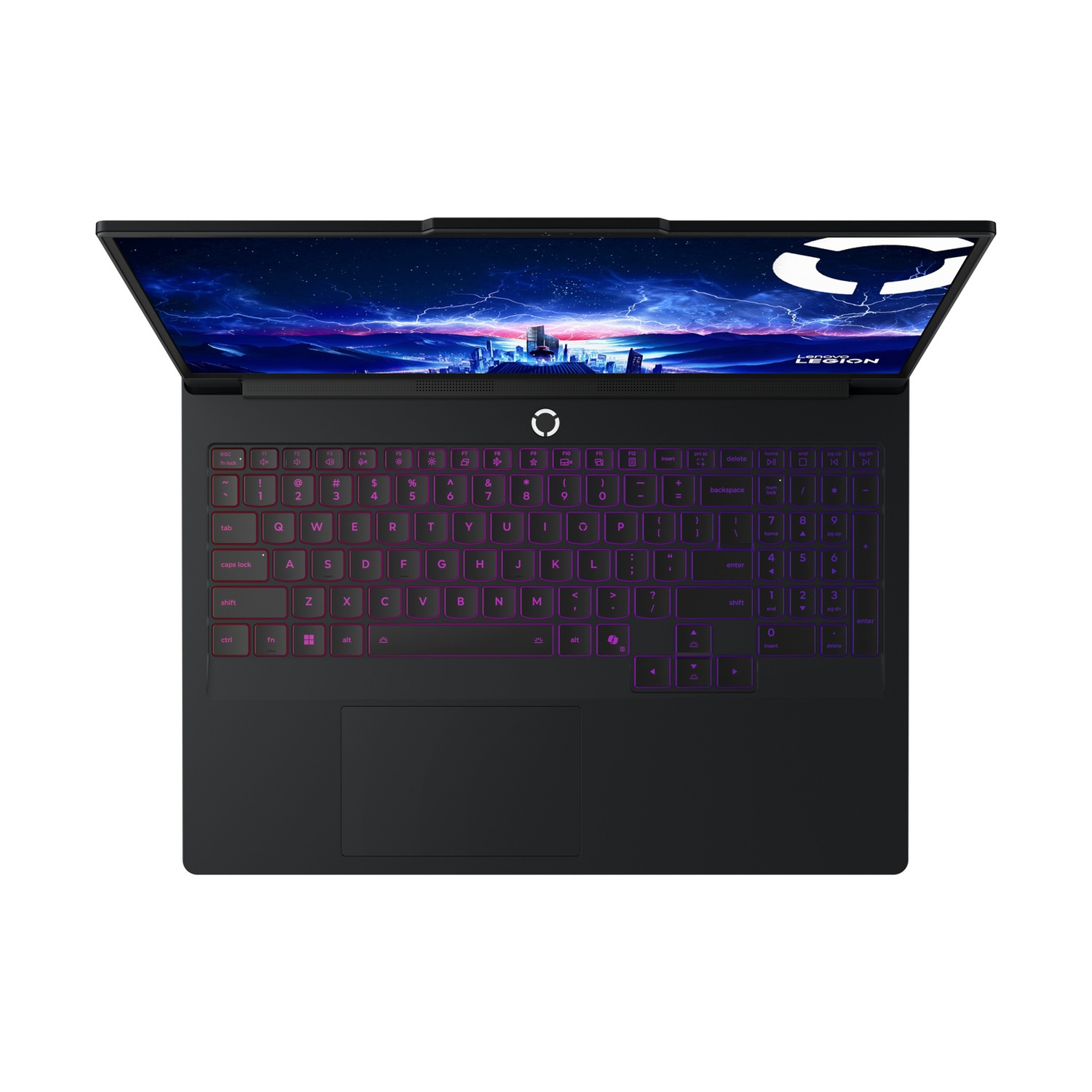 Un laptop aperto con tastiera retroilluminata e sfondo futuristico.
