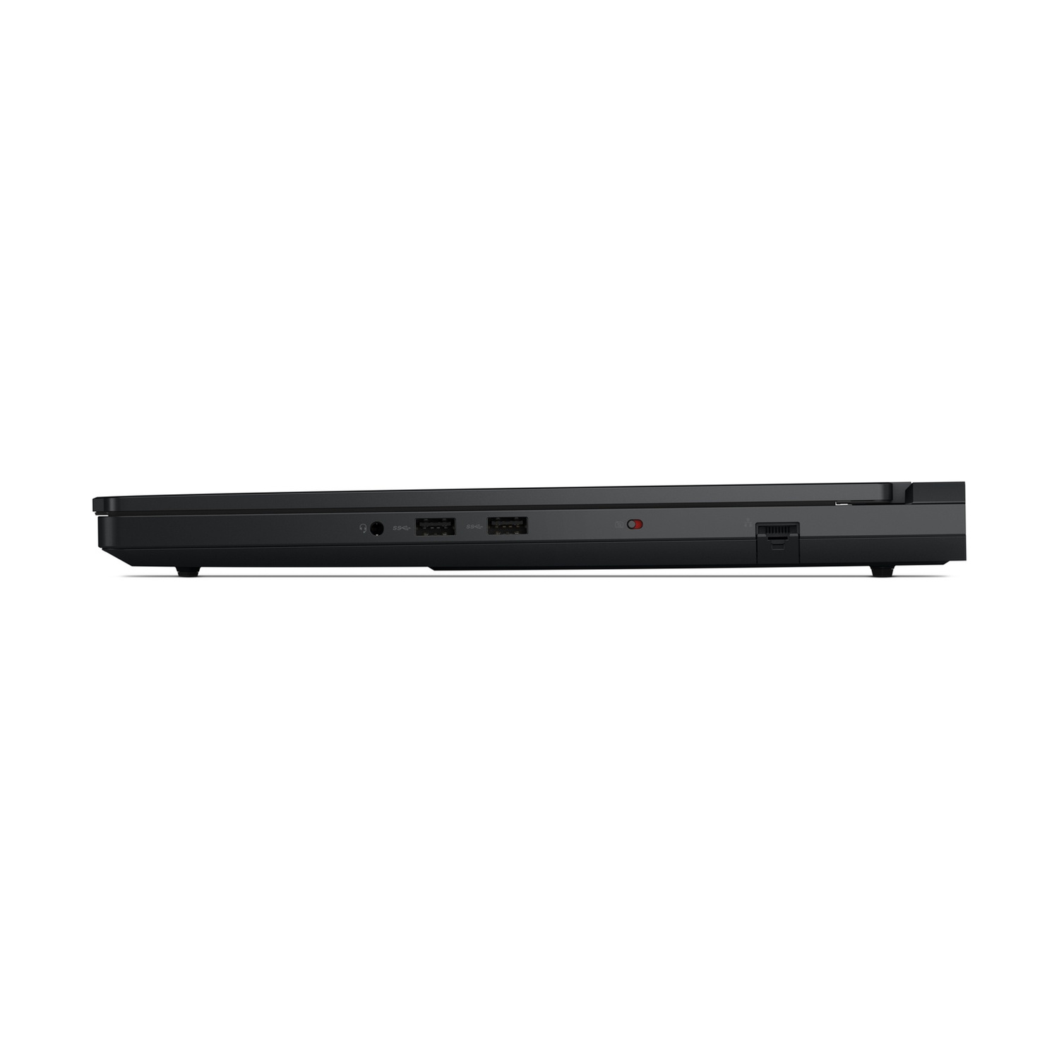 Lato del laptop nero con porte: cuffie, USB, rete.
