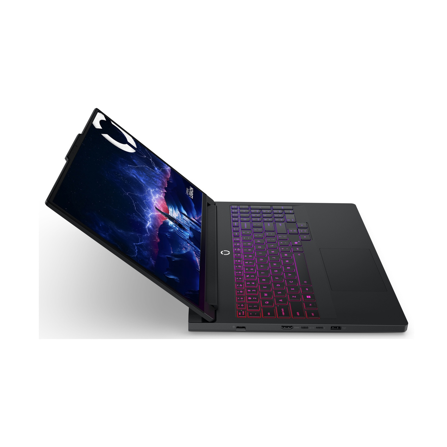 Laptop nero con tastiera illuminata, aperto con sfondo cosmico.