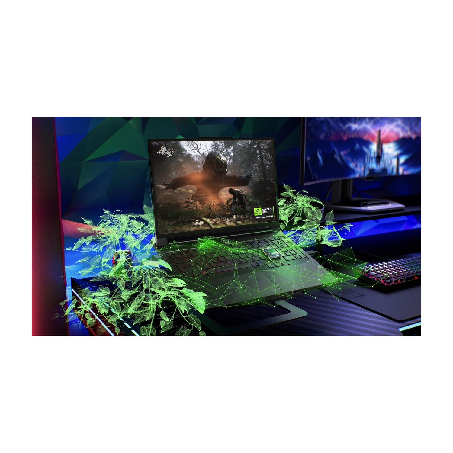Un laptop da gaming mostra una scena boschiva. Viti digitali verdi sovrappongono il laptop e la scrivania.
