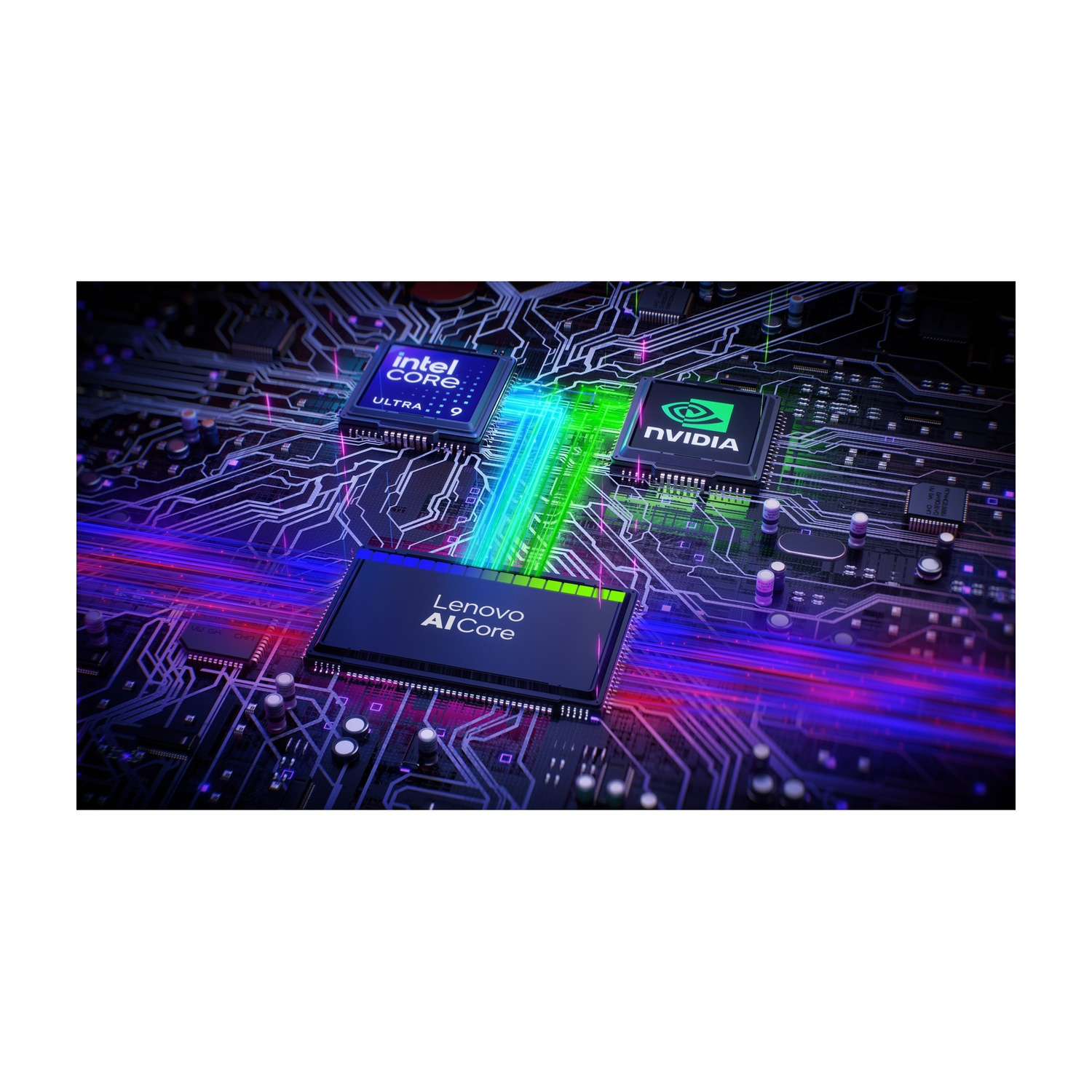 Primo piano di un circuito stampato con chip Intel Core Ultra 9, Nvidia e Lenovo AI Core.