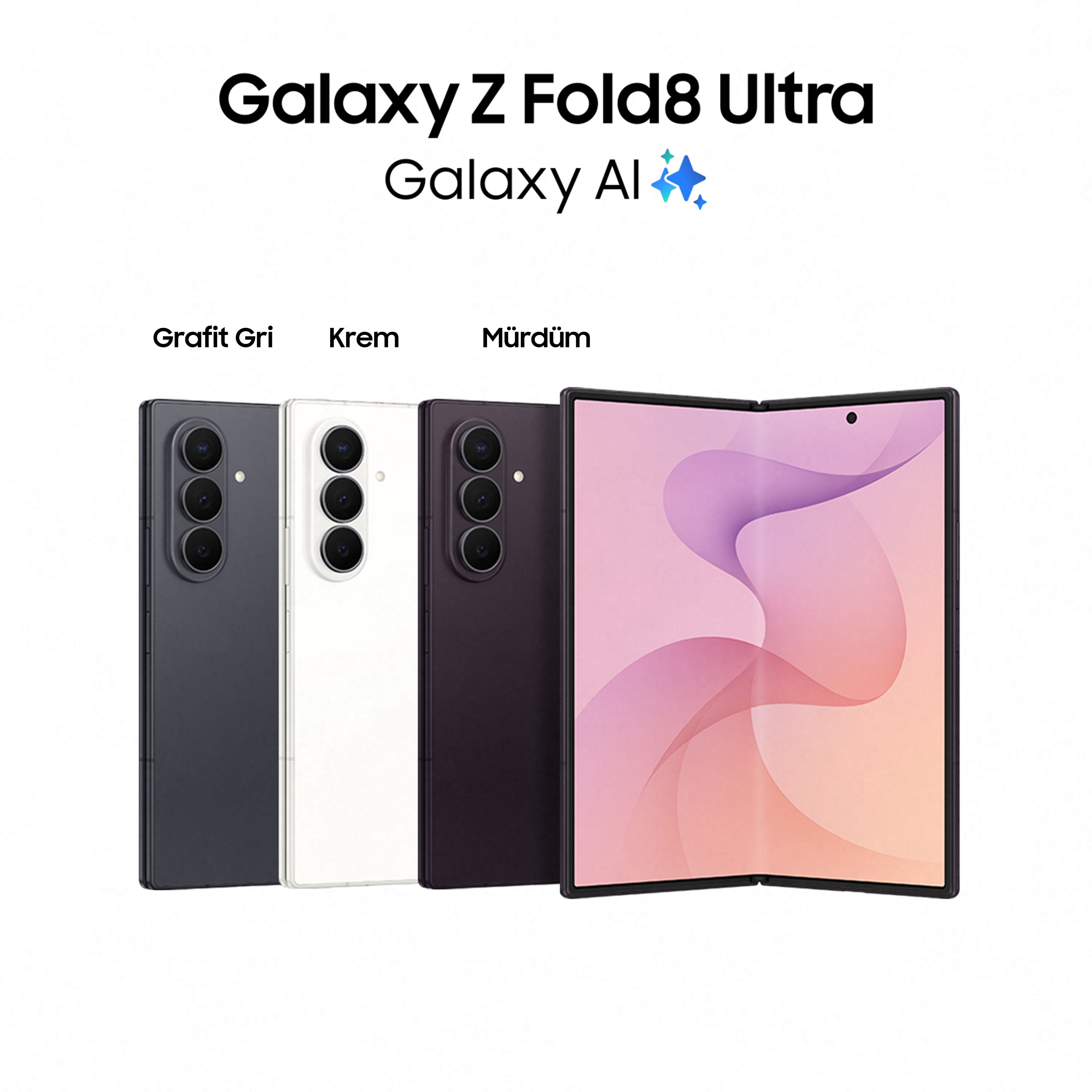 Gri, krem ve mürdüm renkli üç Samsung Galaxy Z Fold8 Ultra telefon, biri açık pembe/turuncu ekranlı.