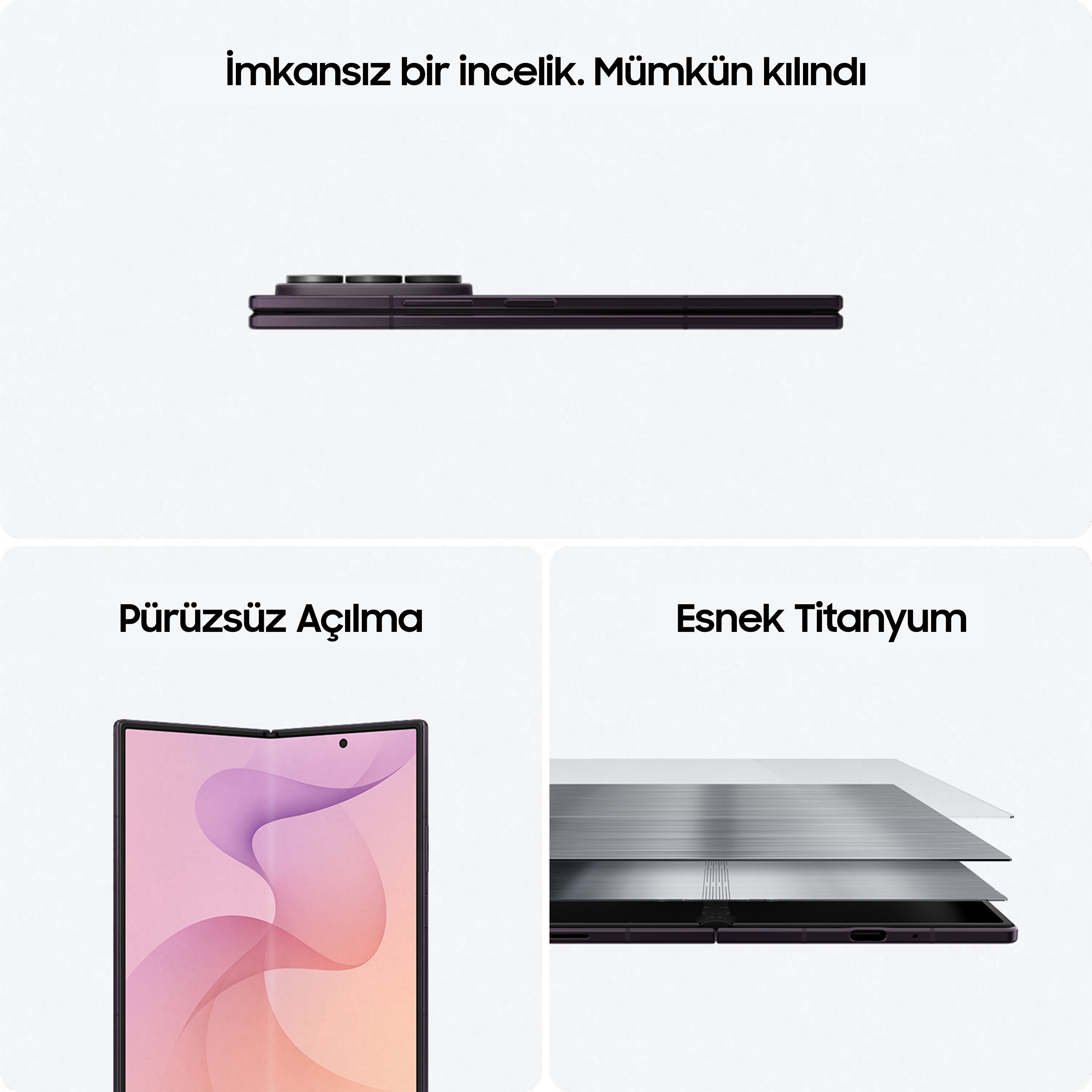 Kapalı bir telefon, açık bir telefon ve titanyum katmanları.