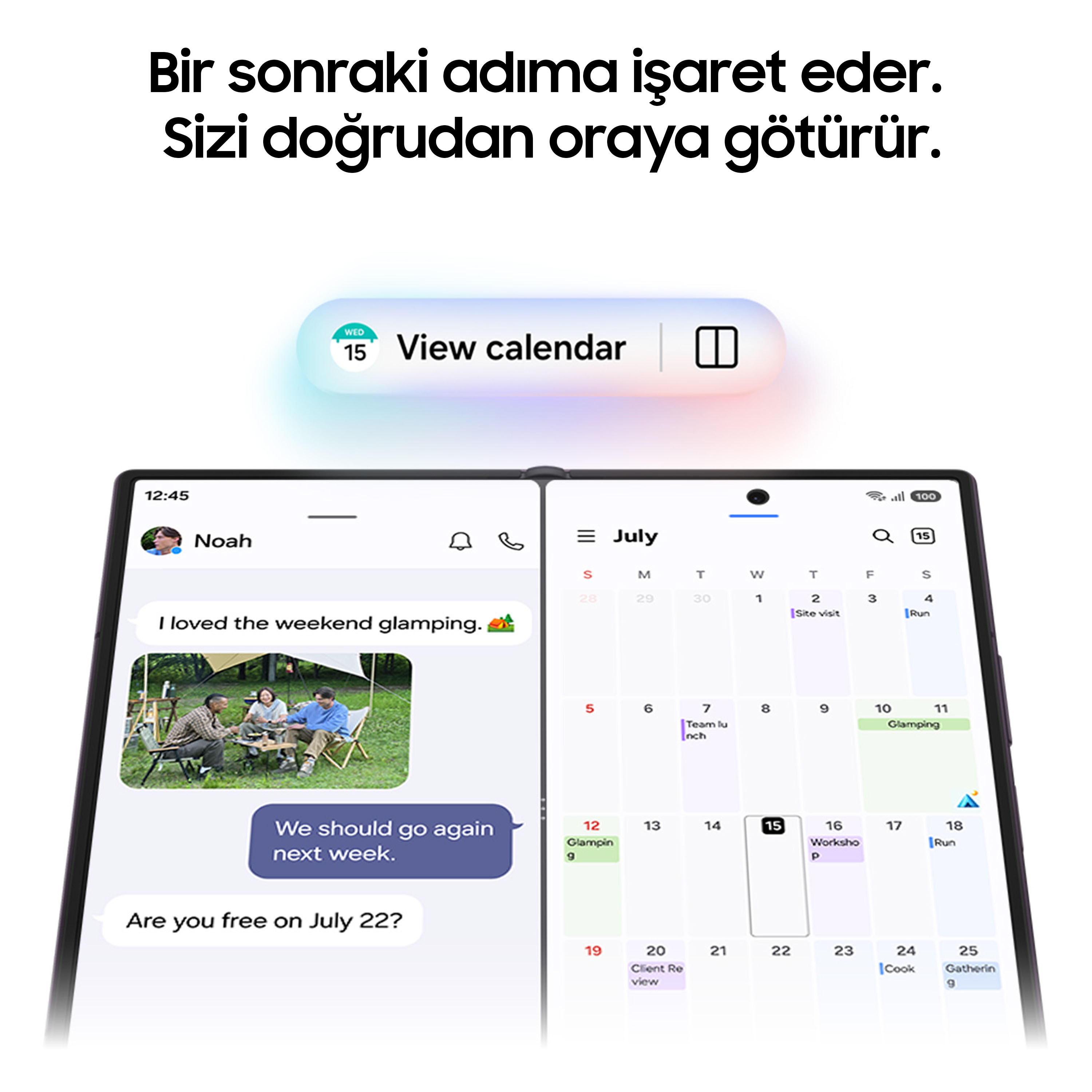 Bir tablet, randevularla birlikte bir sohbet konuşması ve takvim gösterir.