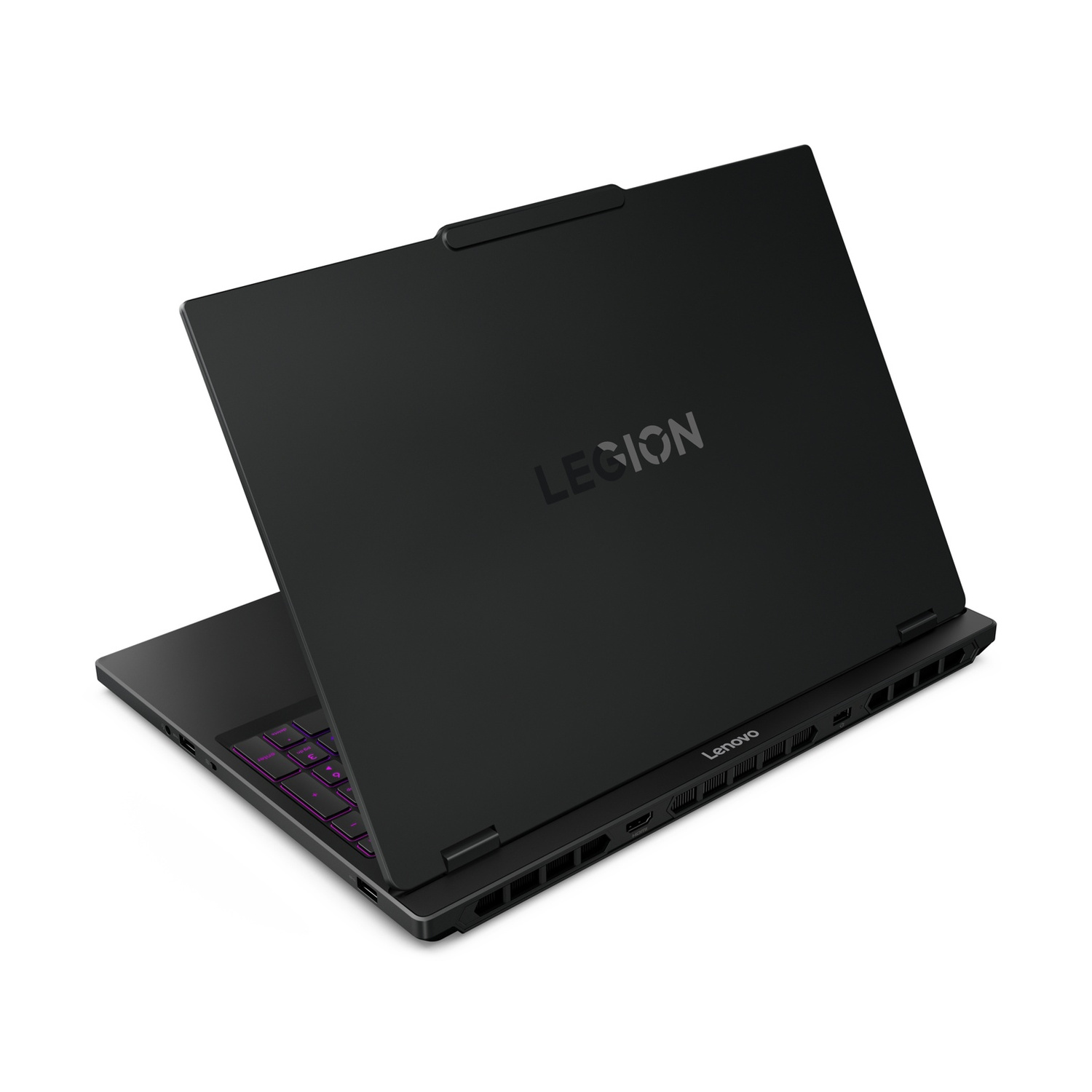 Laptop nero con tastiera illuminata, logo Legion in alto.