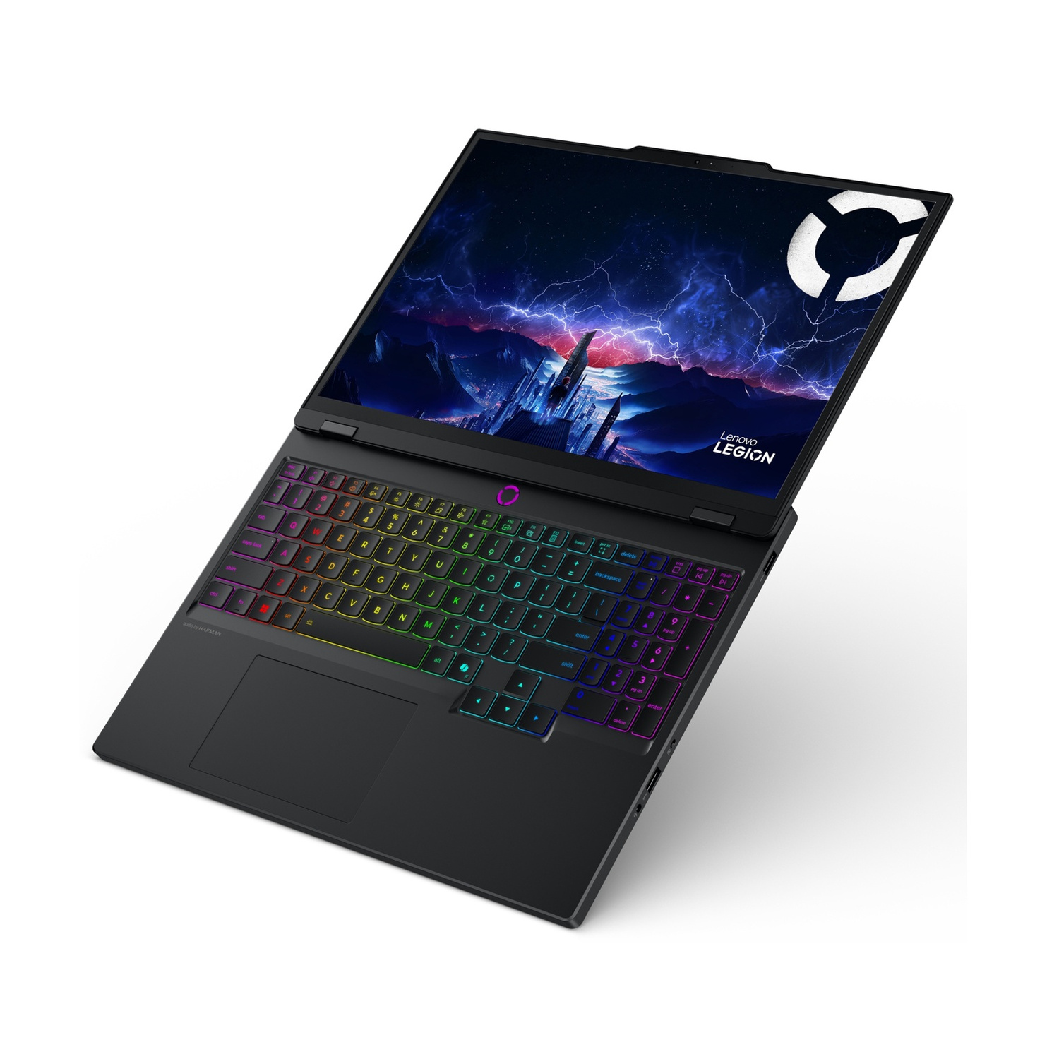 Un laptop Lenovo Legion nero con tastiera retroilluminata e sfondo dinamico.