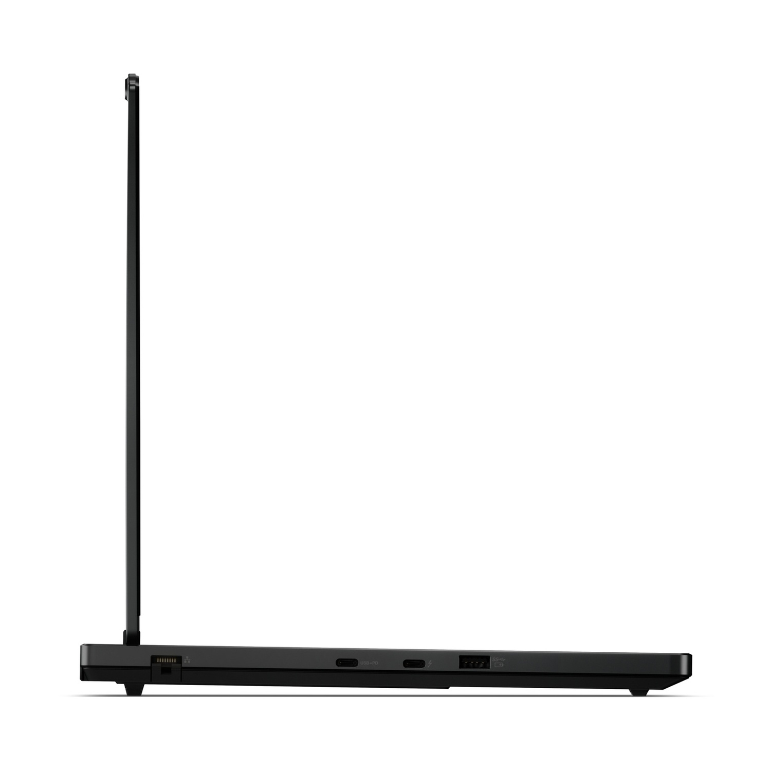 Laptop nero di profilo, con porte USB-C e fessure di ventilazione.
