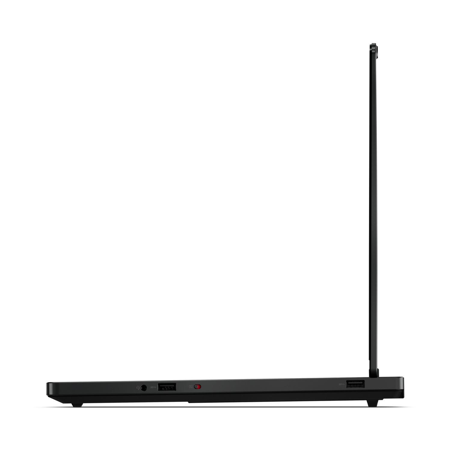 Un laptop nero di profilo con schermo aperto, sfondo bianco.