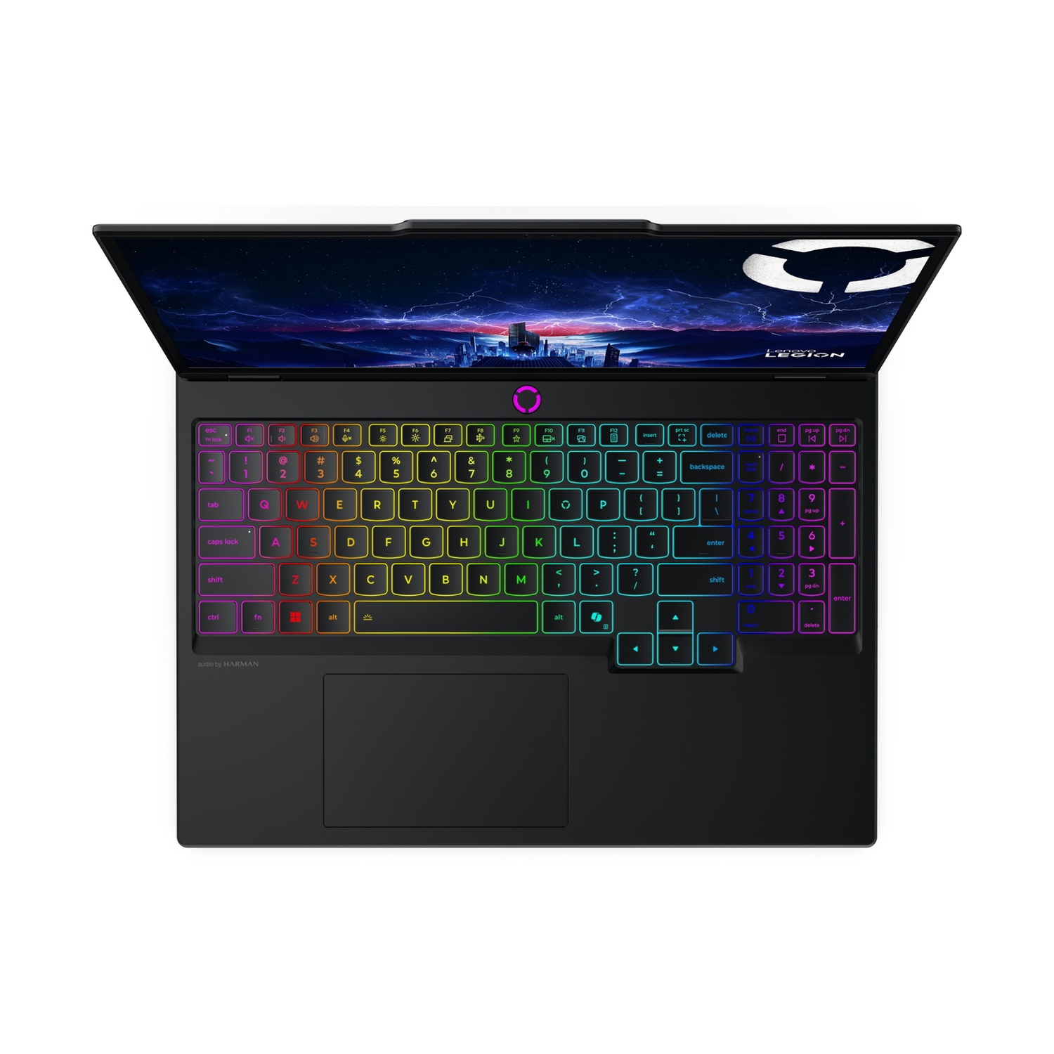 Un laptop nero Lenovo Legion con tastiera vibrante e colorata e uno sfondo di paesaggio urbano futuristico sullo schermo.