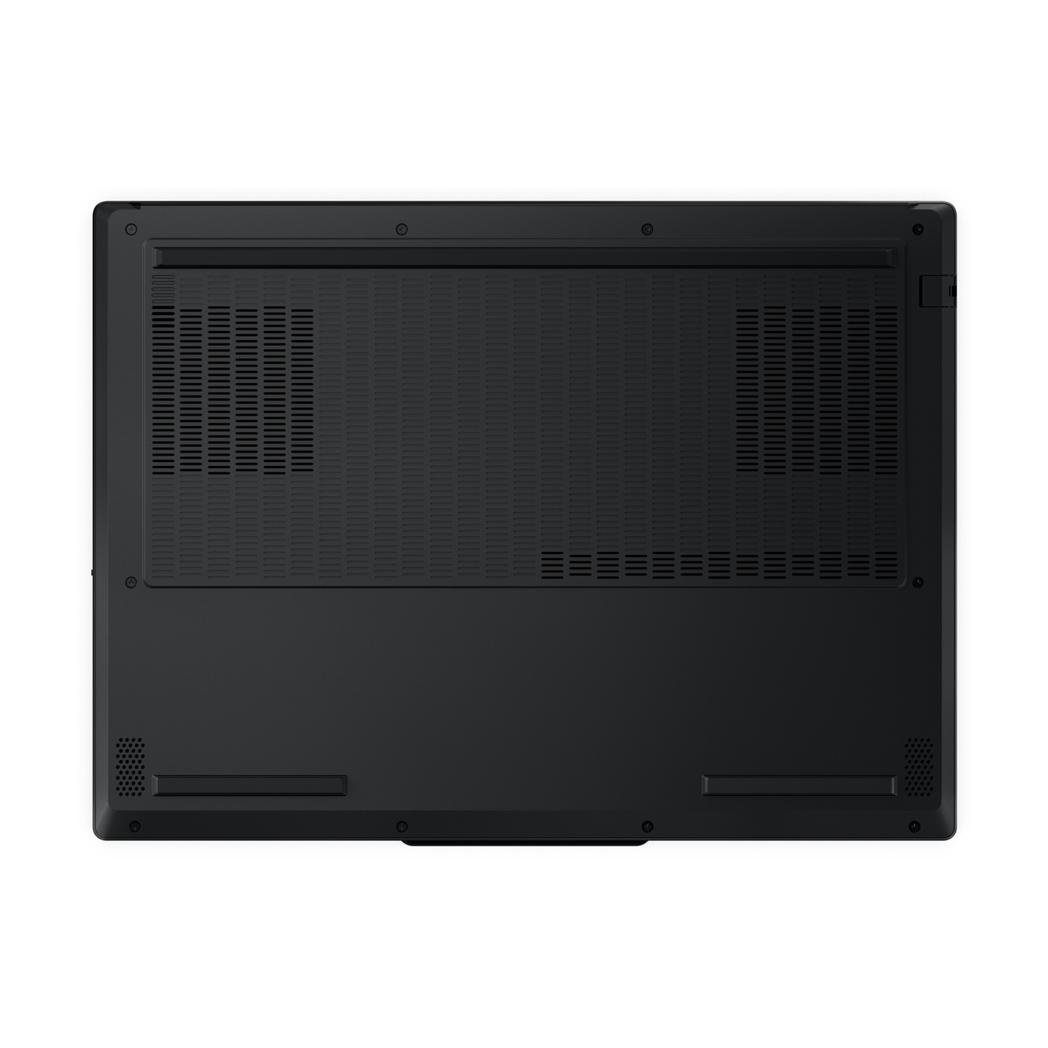 Parte inferiore di un laptop nero con prese d'aria e viti.