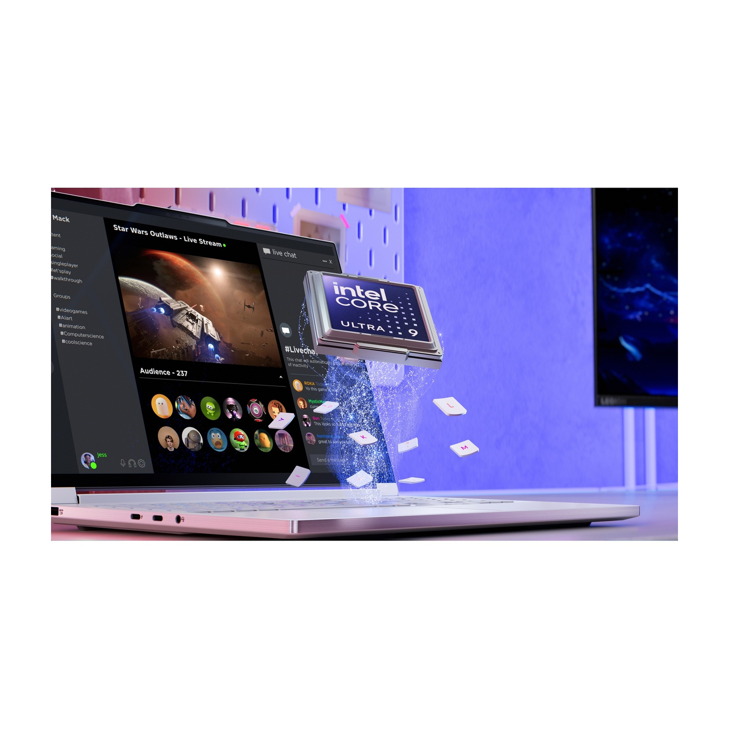 Laptop che mostra streaming Star Wars. Processore Intel Core Ultra 9 fluttua sulla tastiera.