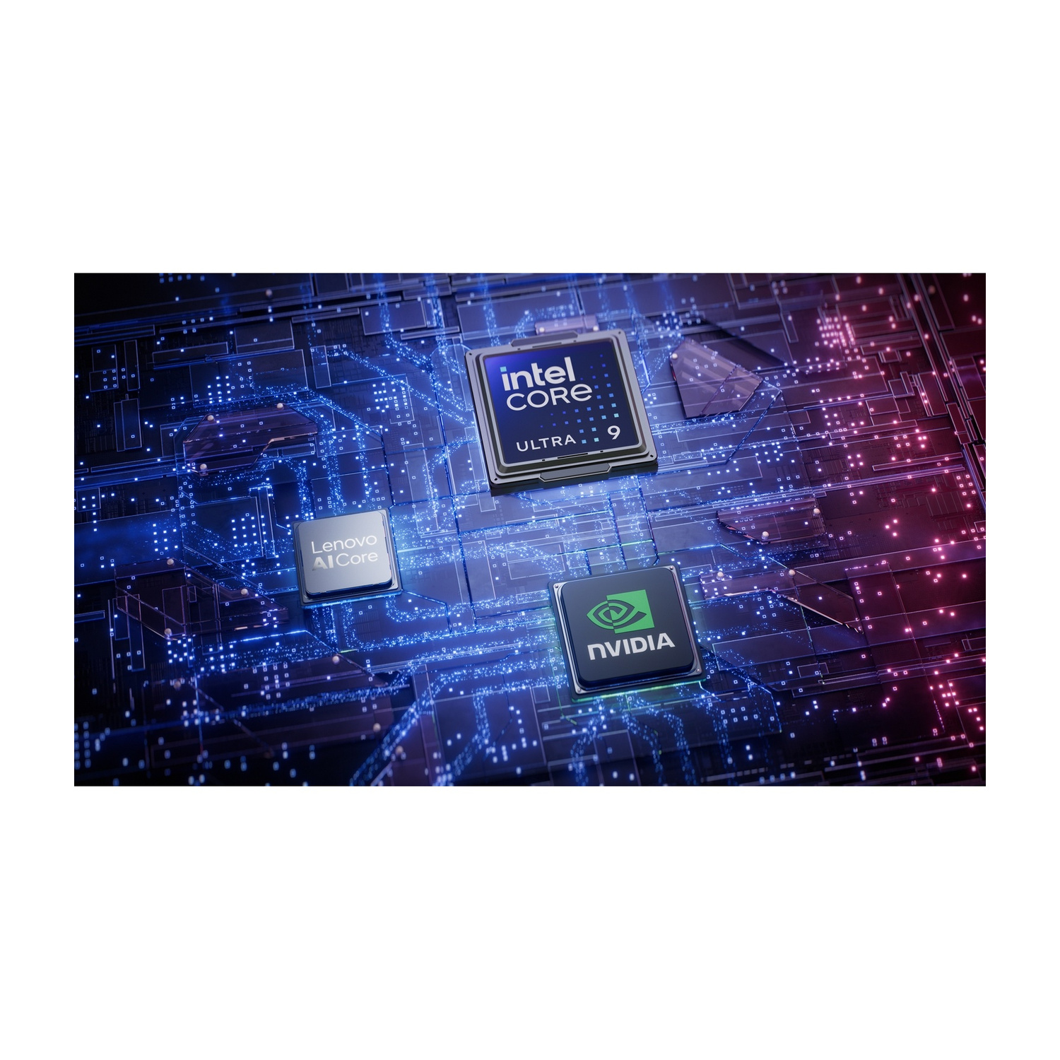 Tre chip per computer: Intel Core Ultra 9, Lenovo AI Core e NVIDIA, su un circuito stampato.