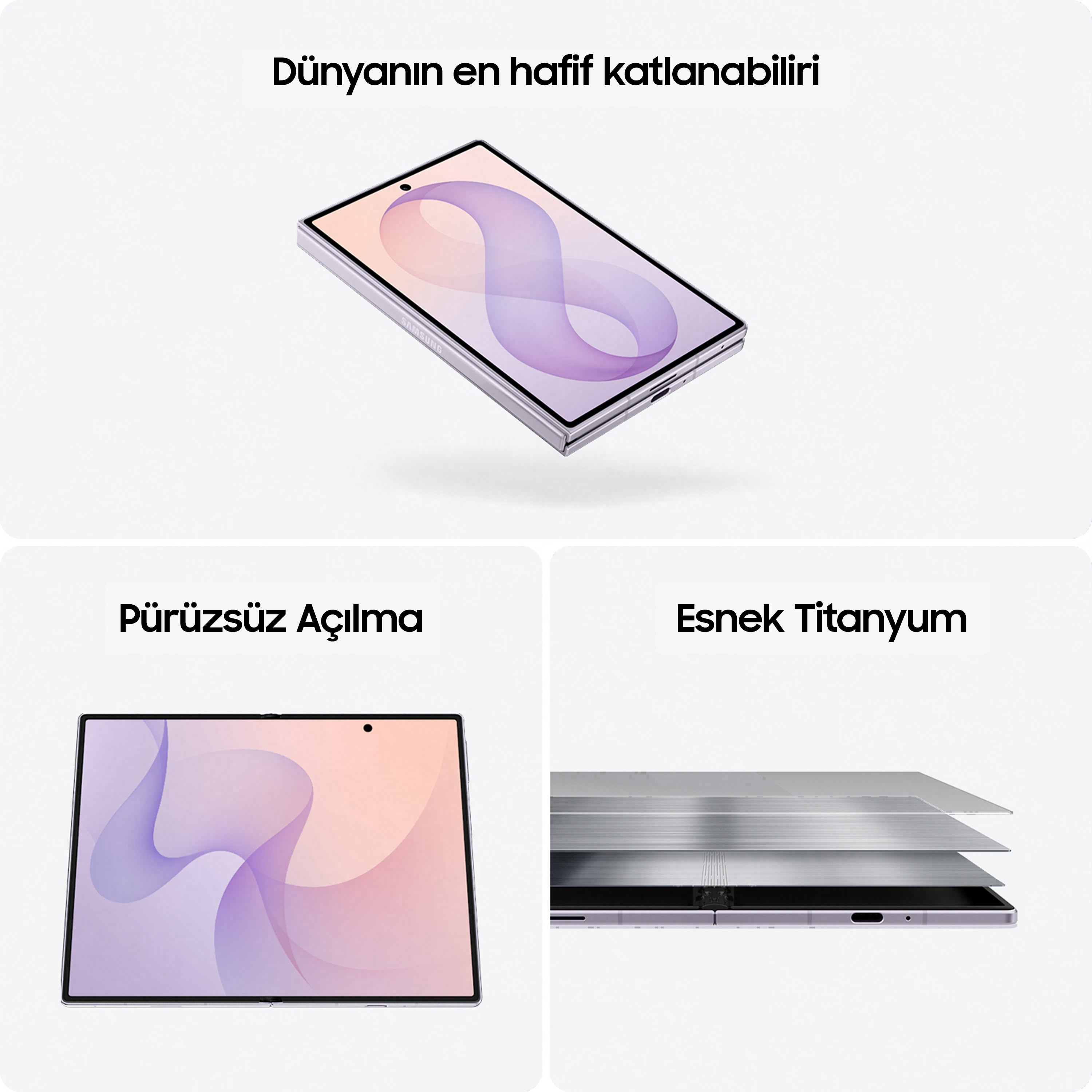 Katlanabilir bir telefon açık ve kapalı halde, malzeme katmanlarıyla gösteriliyor.