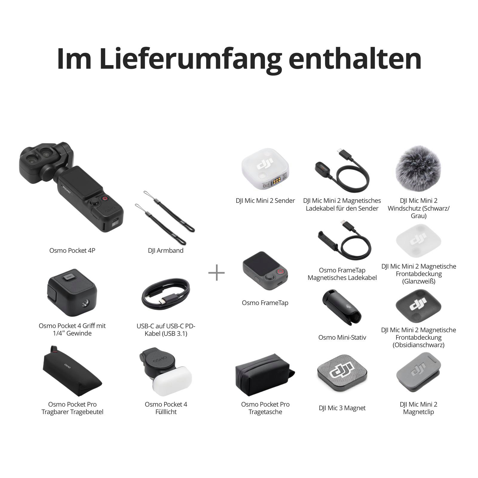 Osmo Pocket 4P und diverses Zubehör, darunter Mikrofone, Kabel und Taschen.