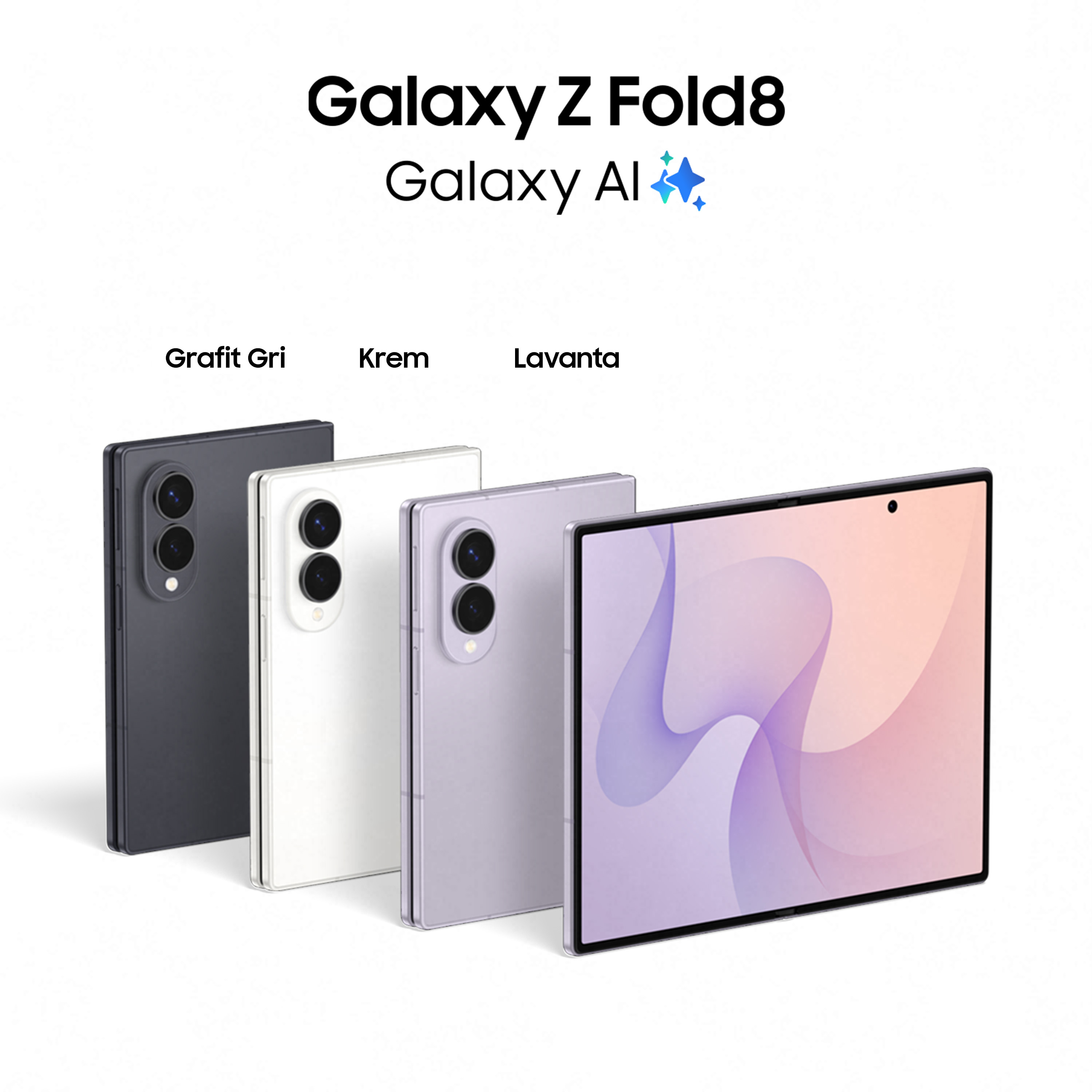 Yan yana, çeşitli renklerde gösterilen dört Samsung Galaxy Z Fold 8 telefon.