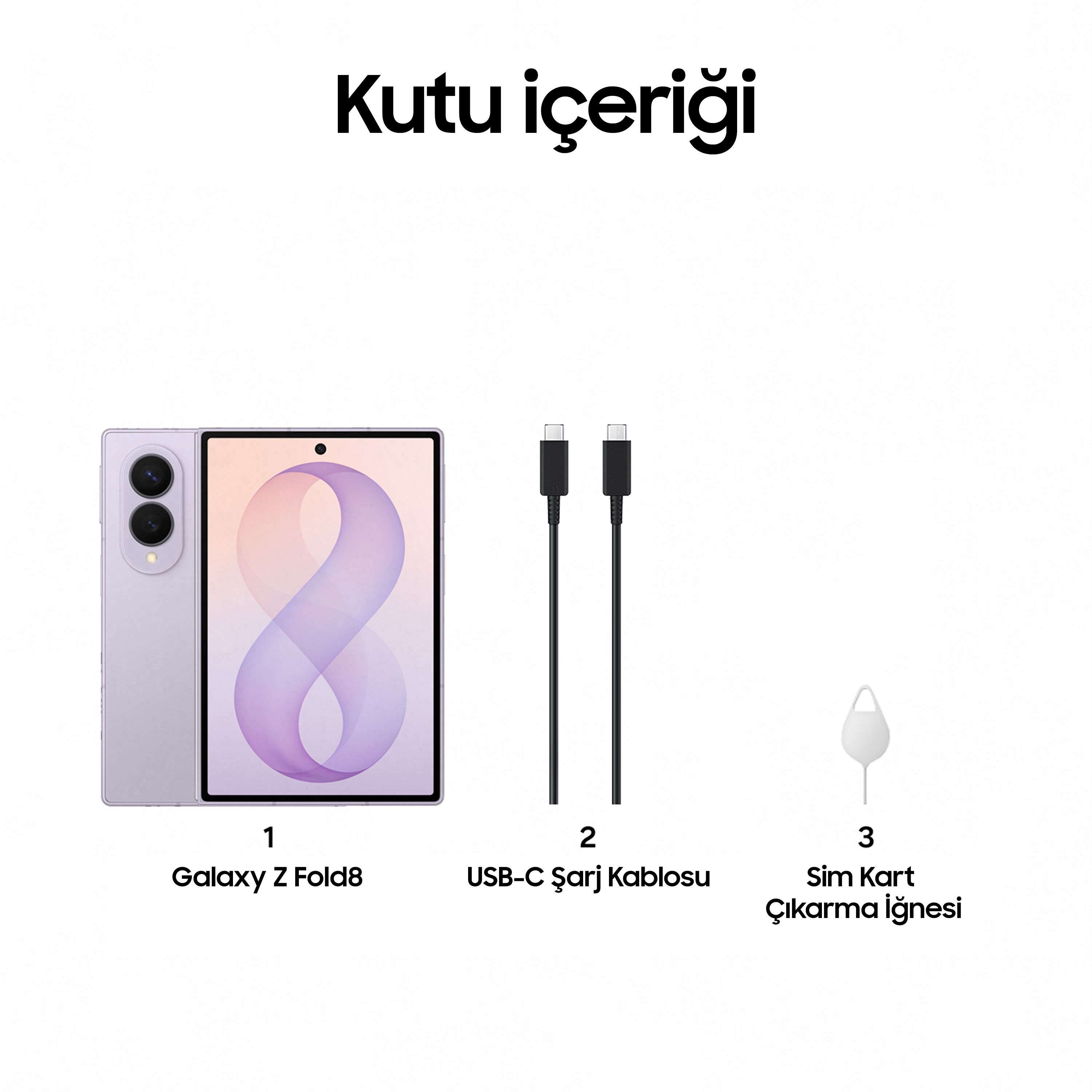 Açık mor katlanabilir telefon, iki USB-C kablosu ve SIM kart çıkarma iğnesi.