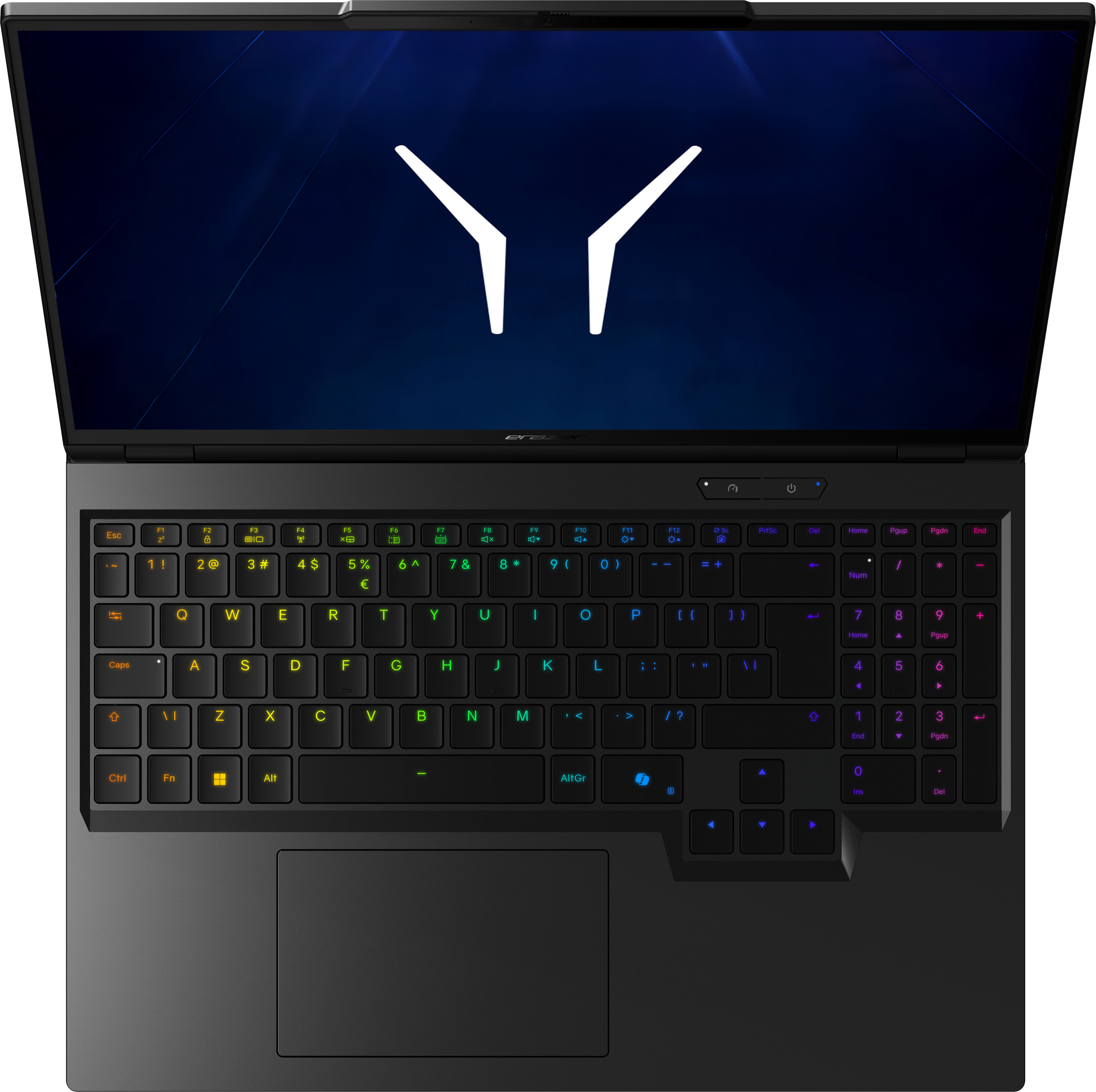 Un laptop nero con tastiera retroilluminata e logo bianco sullo schermo.