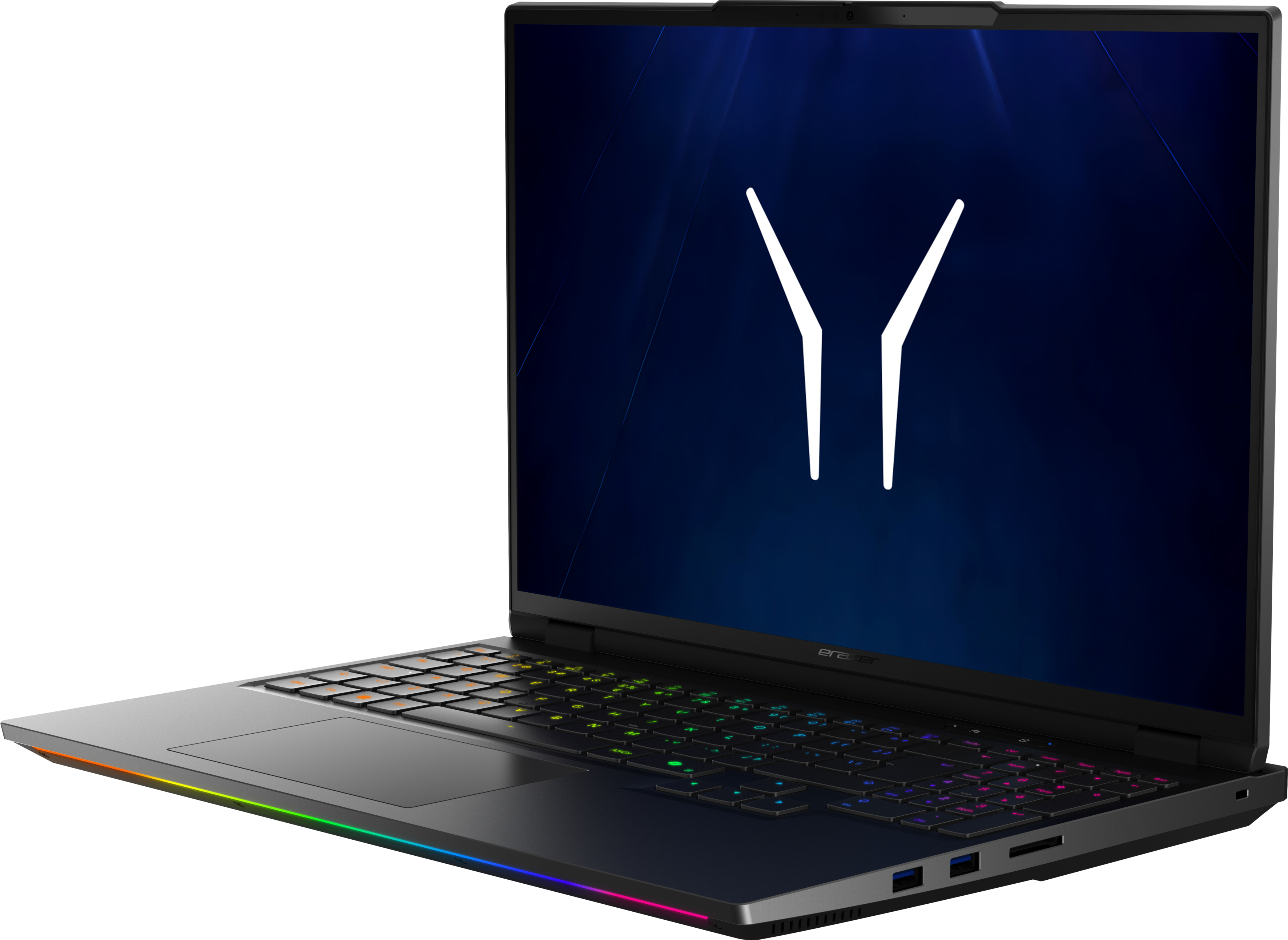 Un laptop aperto con sfondo astratto blu e tastiera illuminata.