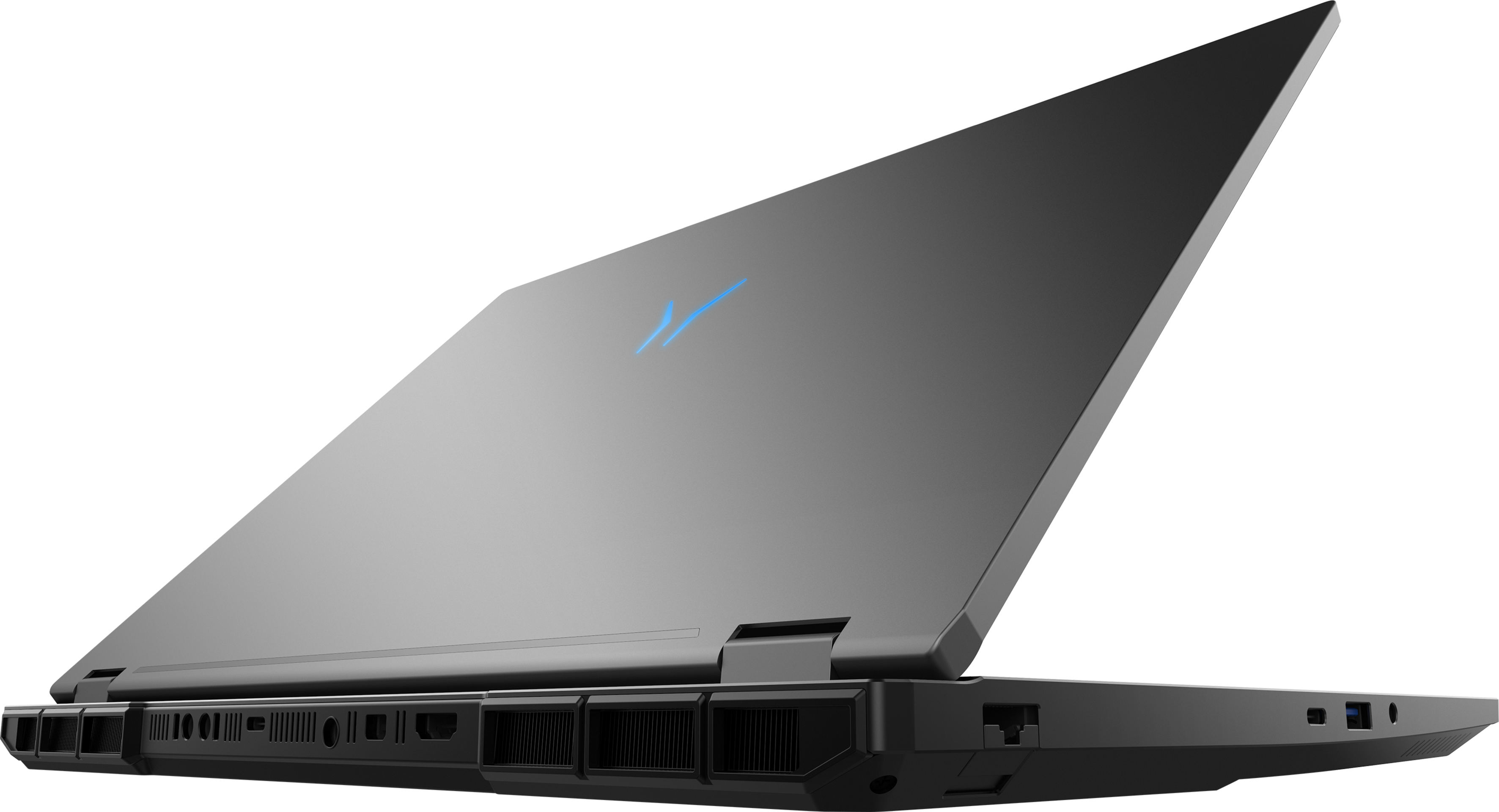 Un laptop scuro con logo blu sul coperchio, visto di lato con lo schermo aperto.