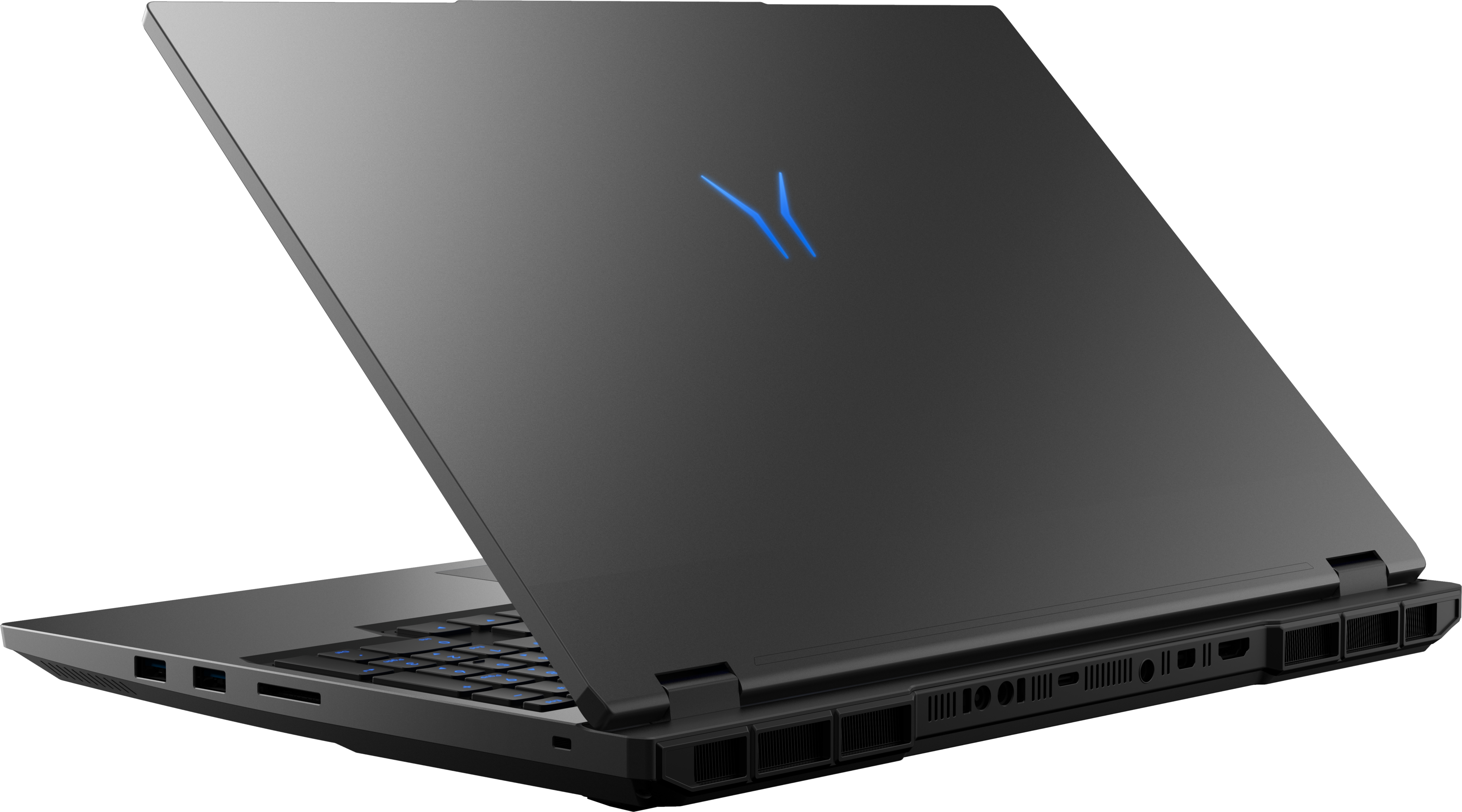 Un laptop nero con logo e tastiera blu, visto di lato.