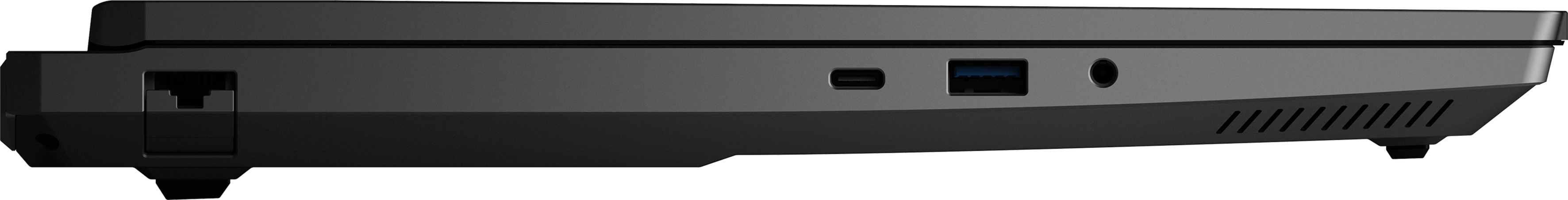 Vista laterale di un laptop nero con porte Ethernet, USB-C, USB-A e cuffie.