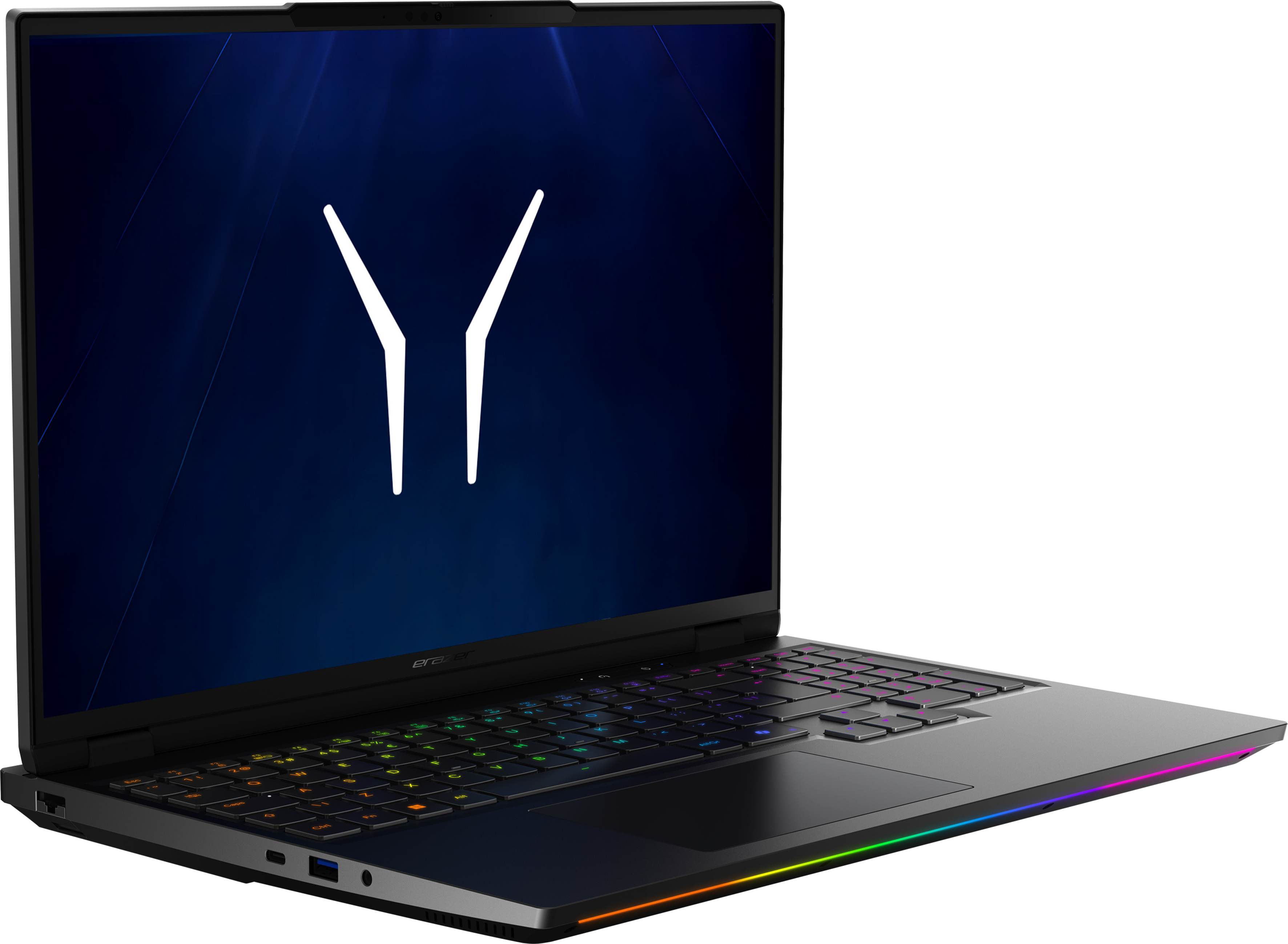 Laptop nero con tastiera illuminata e sfondo blu.