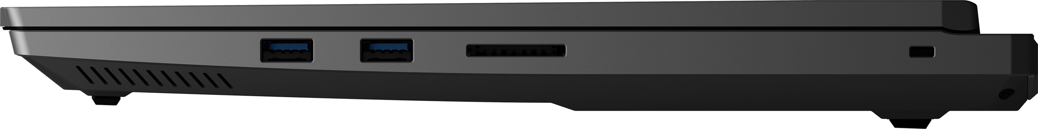 Vista laterale di un laptop grigio con porte USB e fessure di ventilazione.