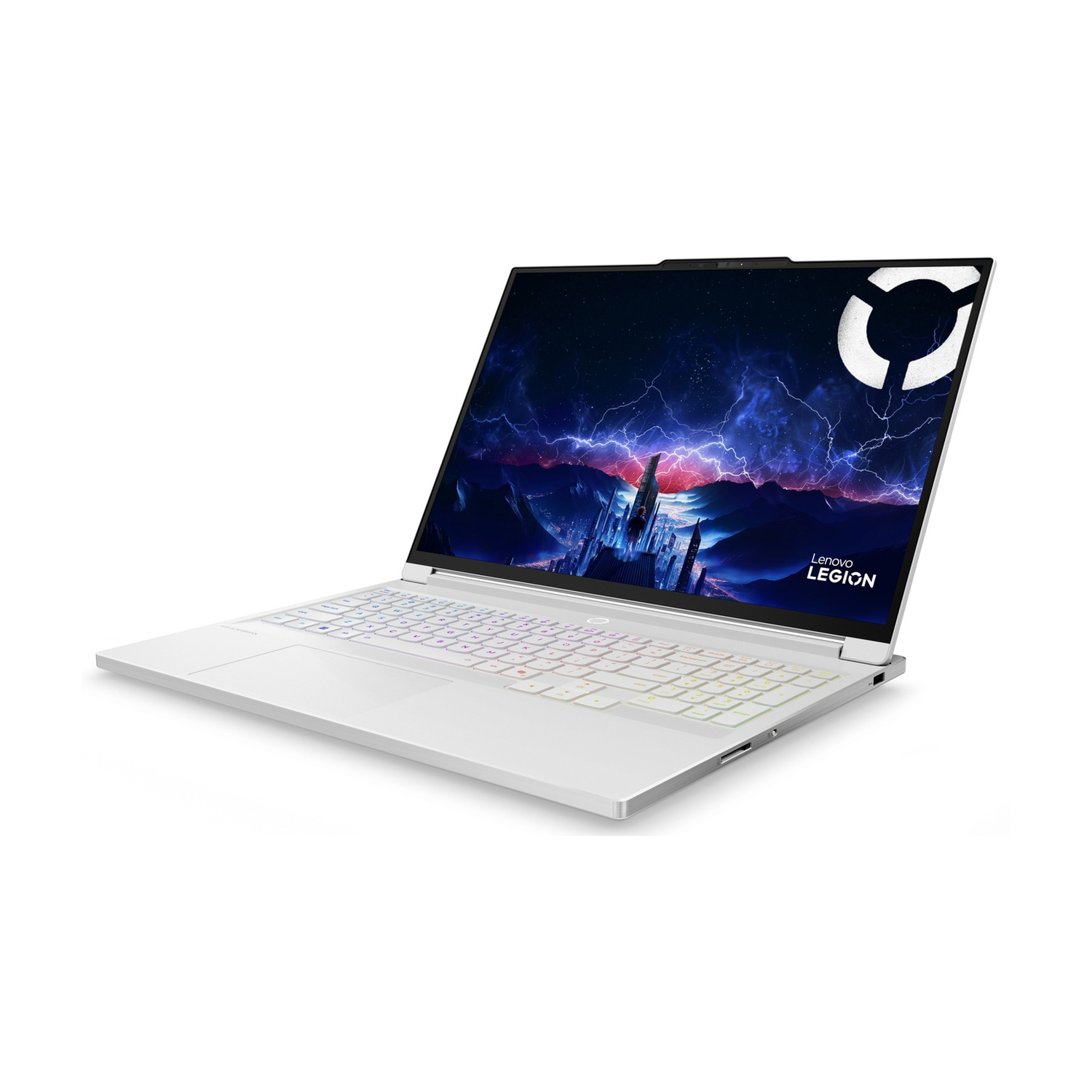 Un laptop bianco con tastiera luminosa e sfondo a tema fulmini.