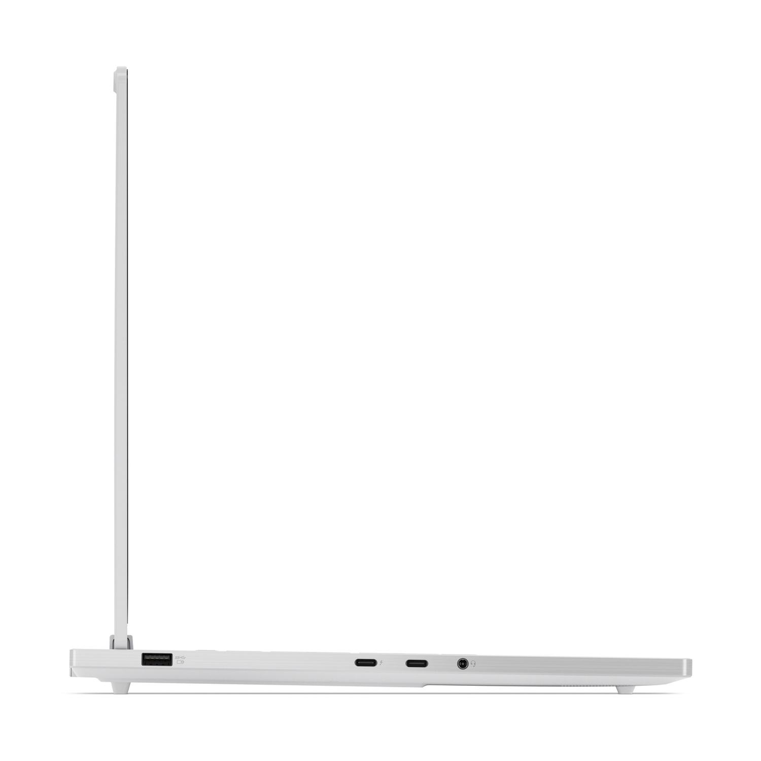 Vista laterale di laptop bianco con porte USB e USB-C.