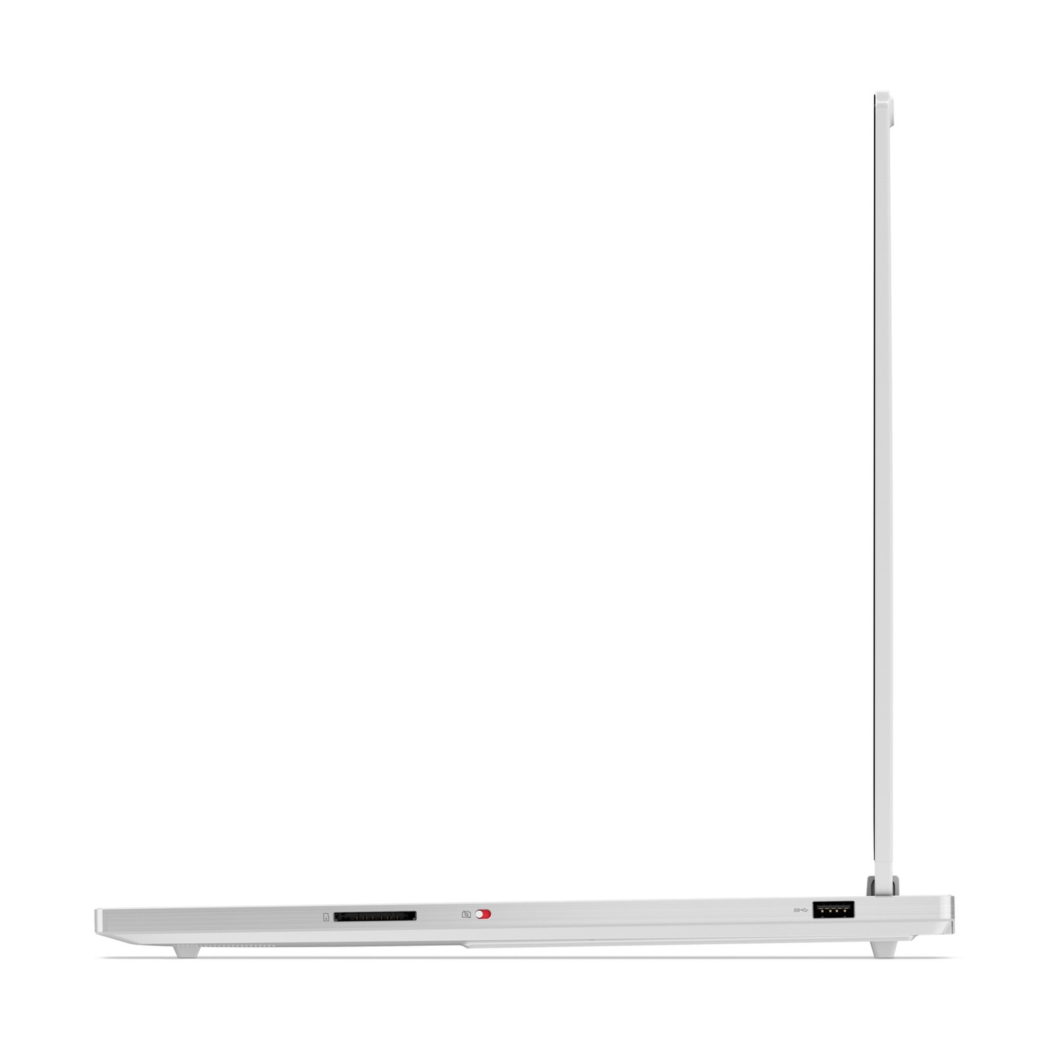 Vista laterale di un laptop bianco con porte, lettore di schede SD e porte USB.