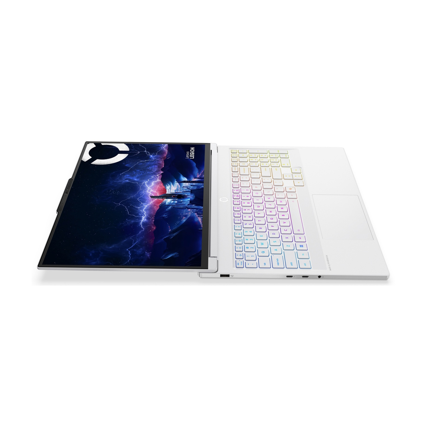 Un laptop bianco con tastiera retroilluminata e sfondo desktop dinamico.