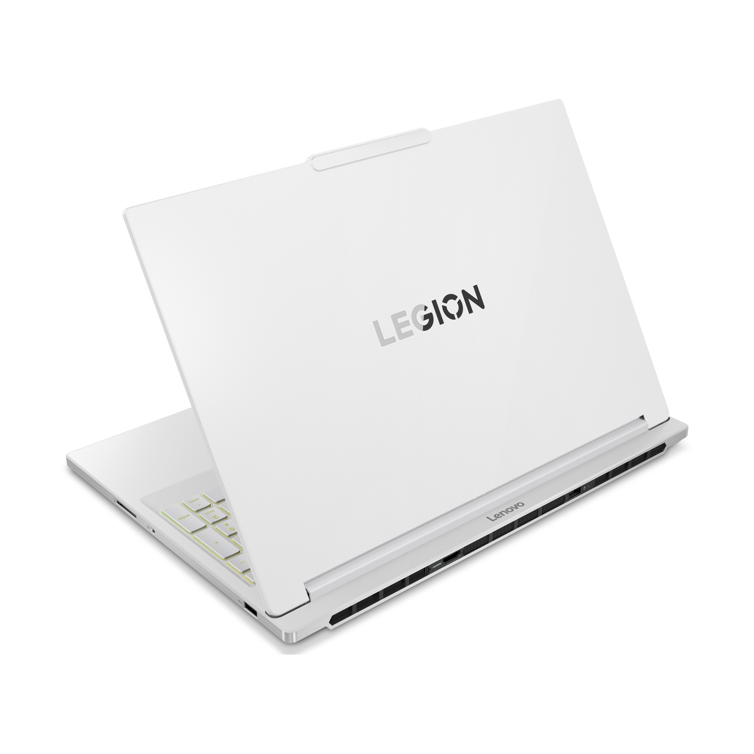 Un laptop bianco con i marchi "LEGION" e "Lenovo".