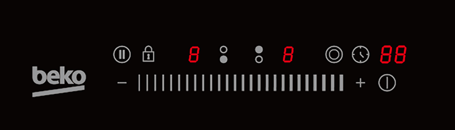 Beko-Logo mit Kochfeldsymbolen: Pause, Schloss, 8, Striche, Timer und 88.