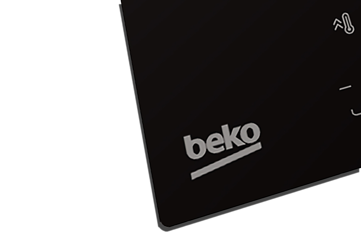 Schwarzes Kochfeld mit Beko-Logo und Temperatur-/Leistungssymbolen.