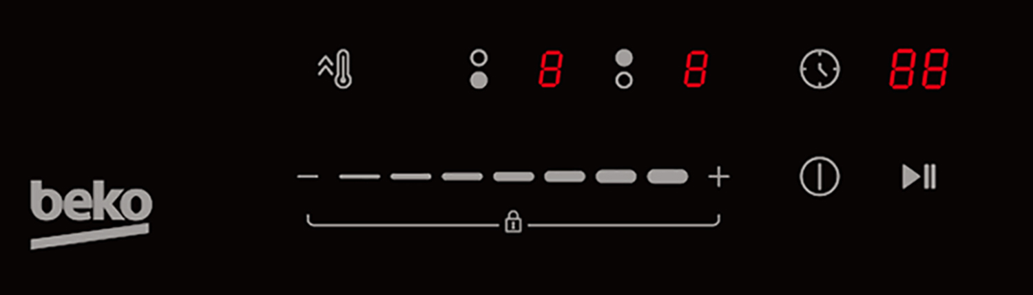Beko-Logo, Thermometer-Symbol, Timer, rote Ziffern 88 und Bedienelemente.