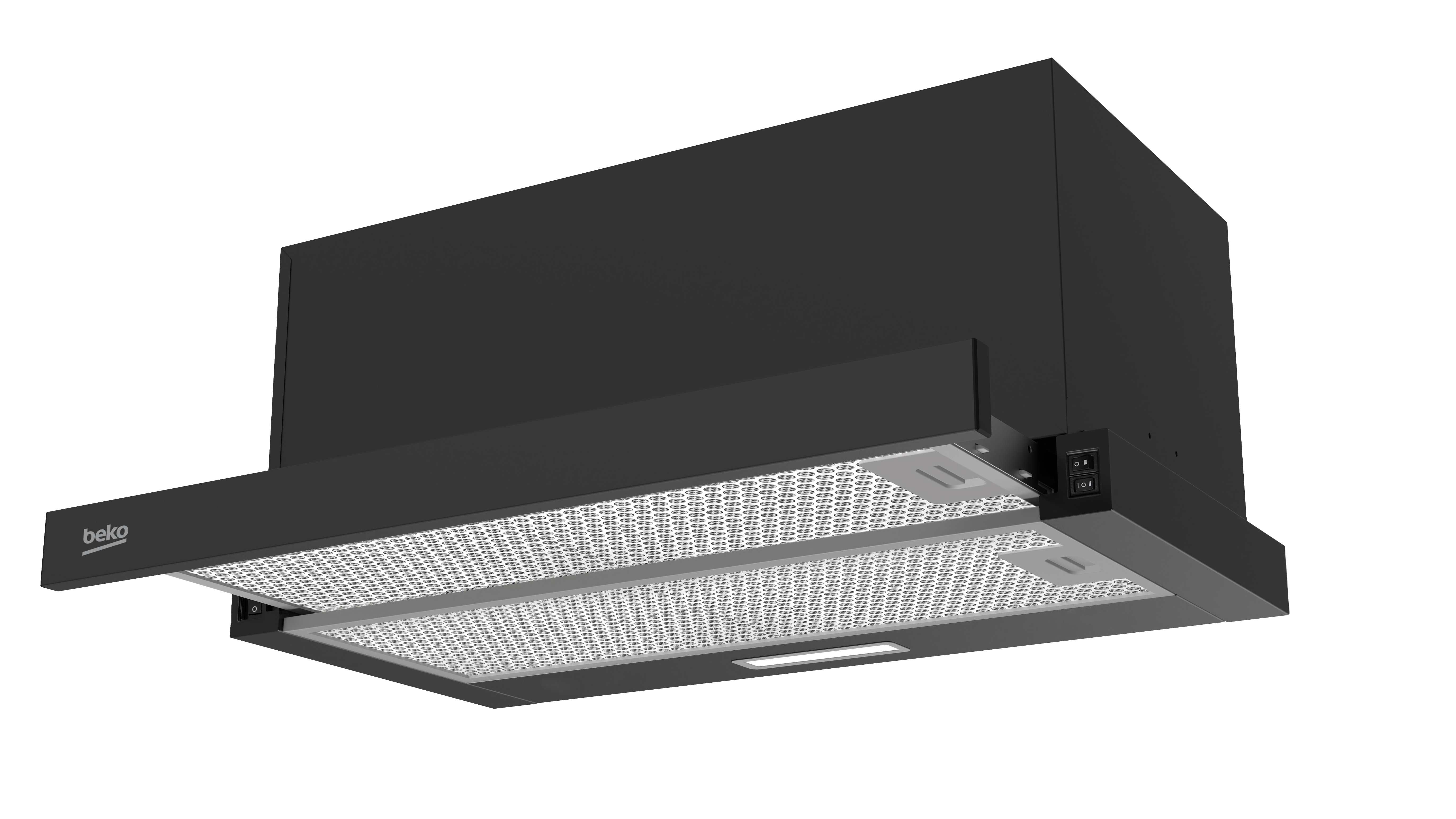 Eine schwarze Dunstabzugshaube mit dem Beko-Logo, beleuchteter Fläche und Bedienelementen.
