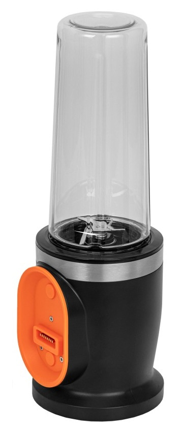 Czarny blender z przezroczystym szklanym kubkiem i pomarańczowym akcentem.