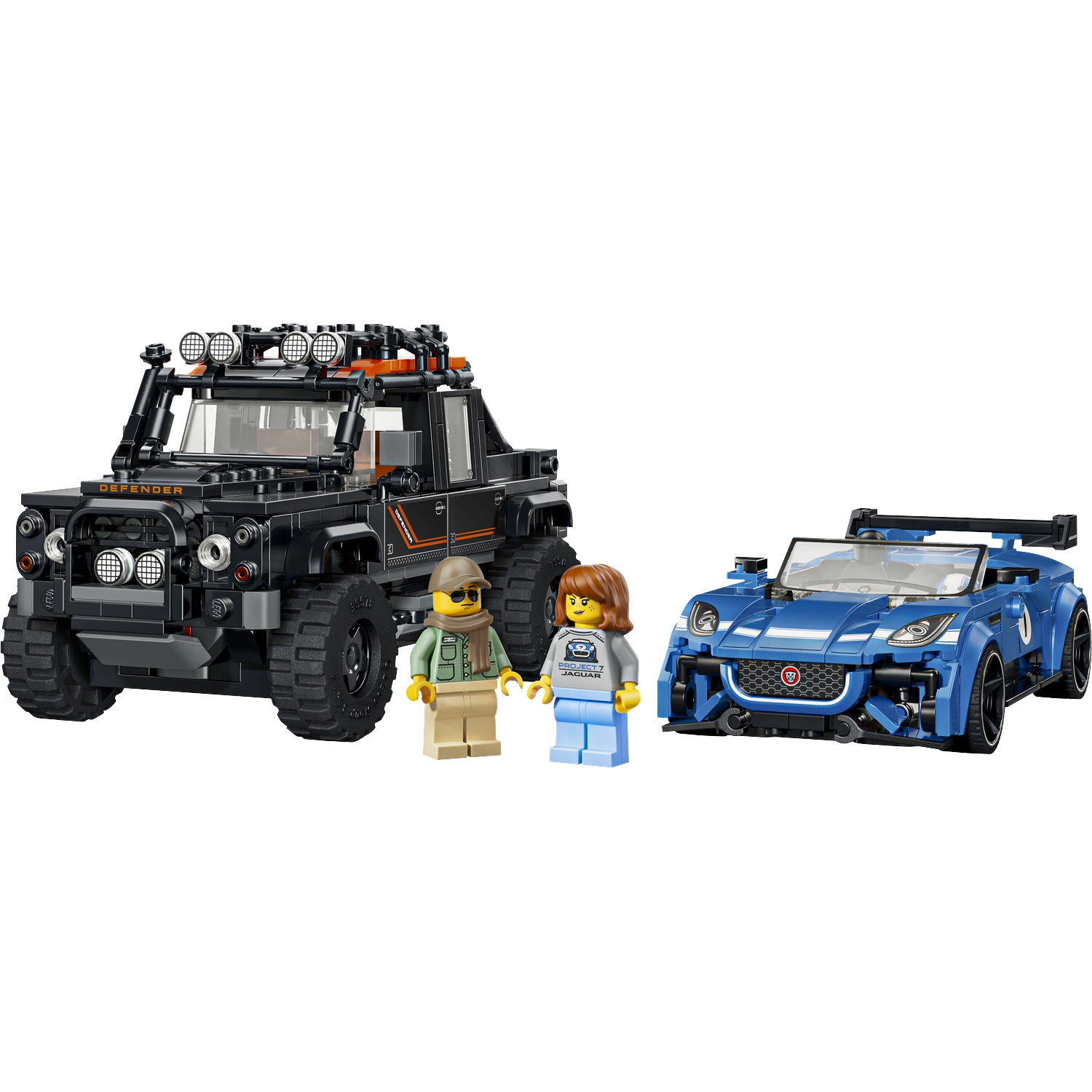 Een zwarte SUV en een blauwe sportwagen met twee minifiguren.