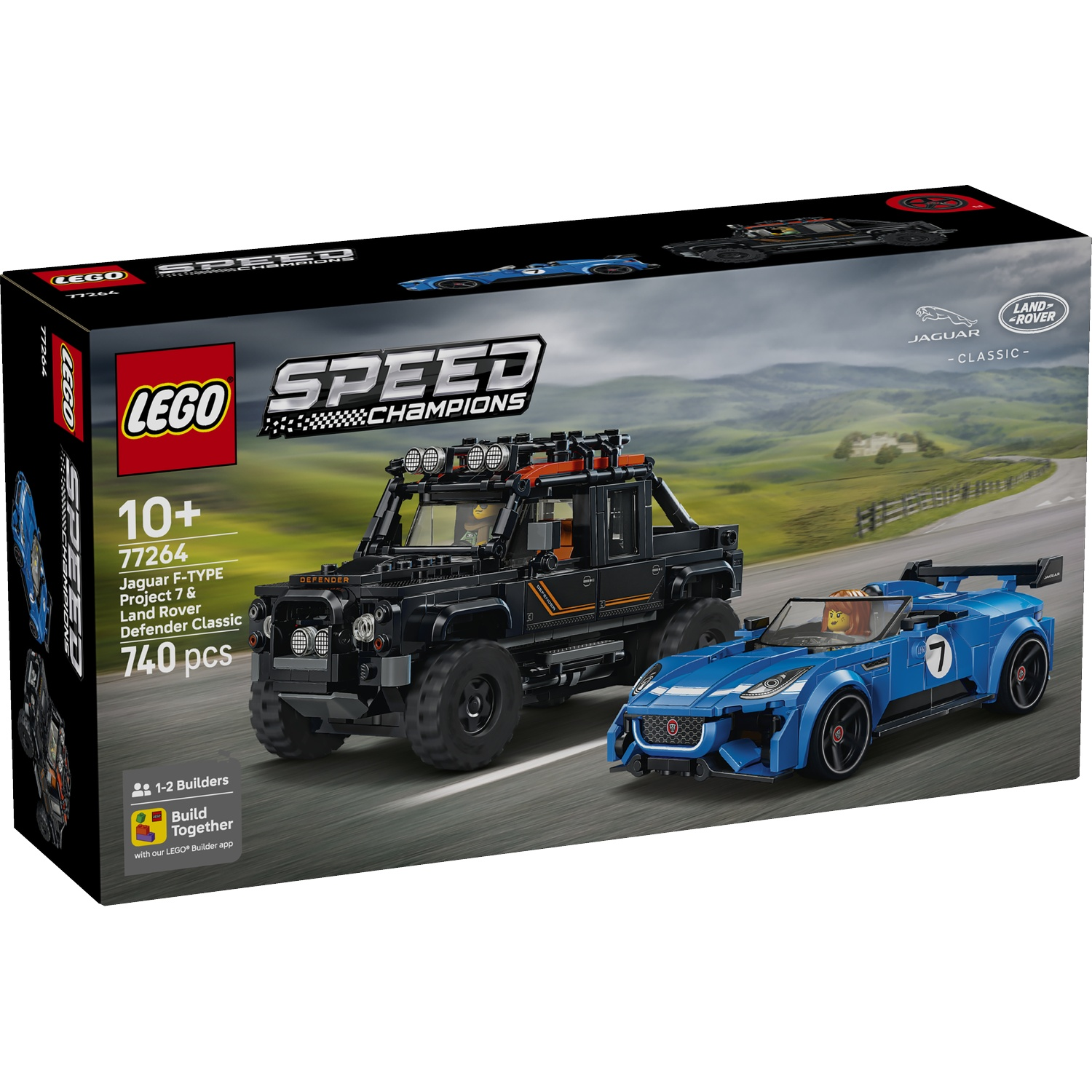 LEGO-doos met zwarte terreinwagen en blauwe sportauto op een racecircuit.