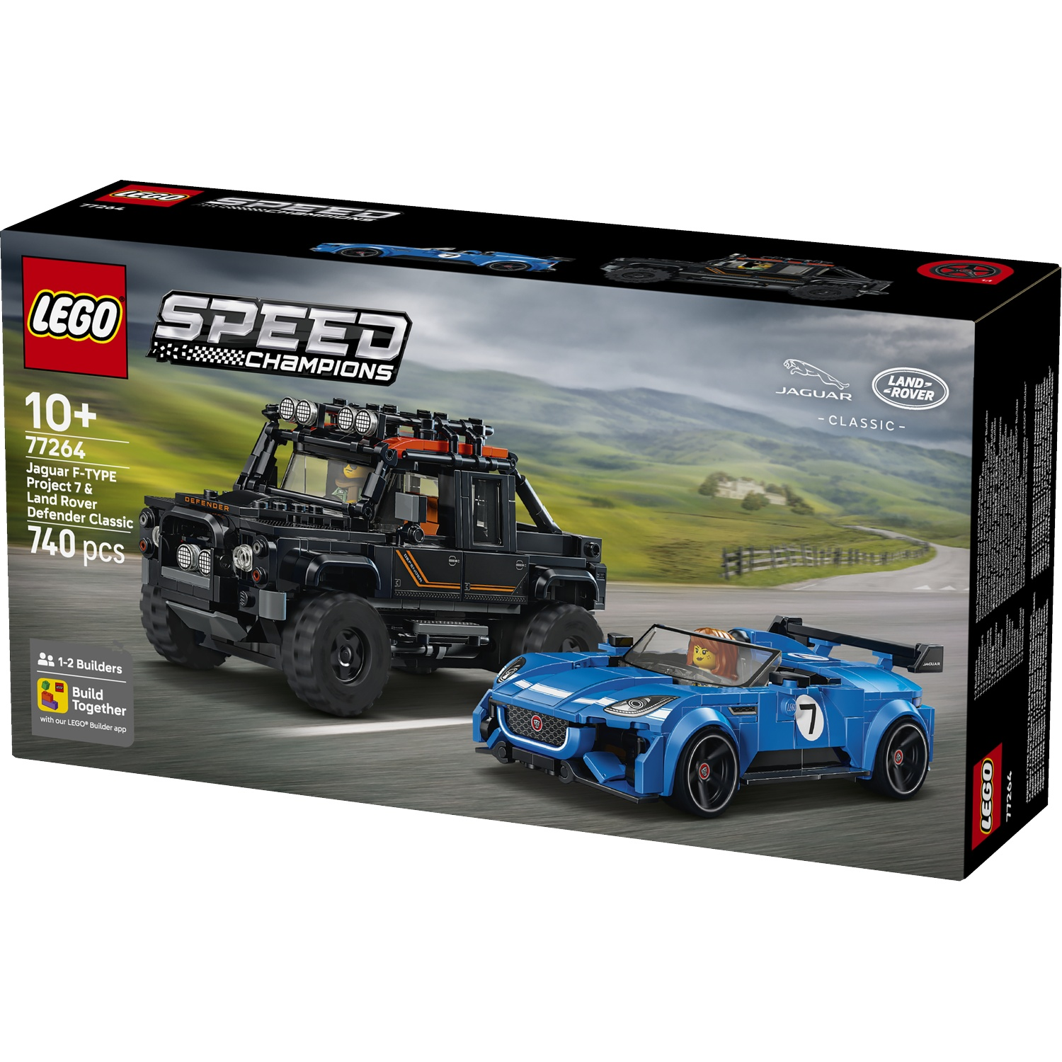LEGO set met een zwarte Land Rover Defender en een blauwe Jaguar F-TYPE.