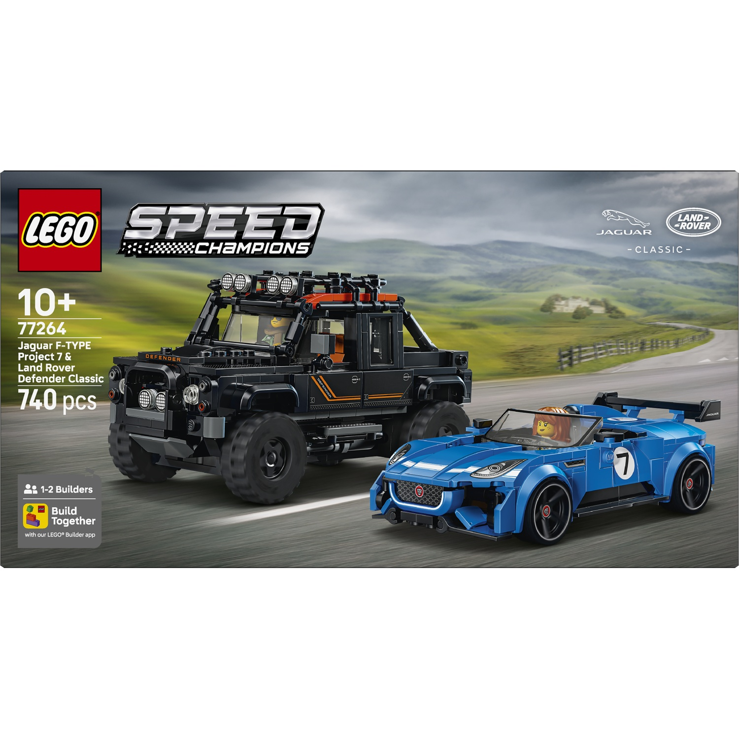 LEGO-doos toont een zwarte Land Rover Defender en een blauwe Jaguar.