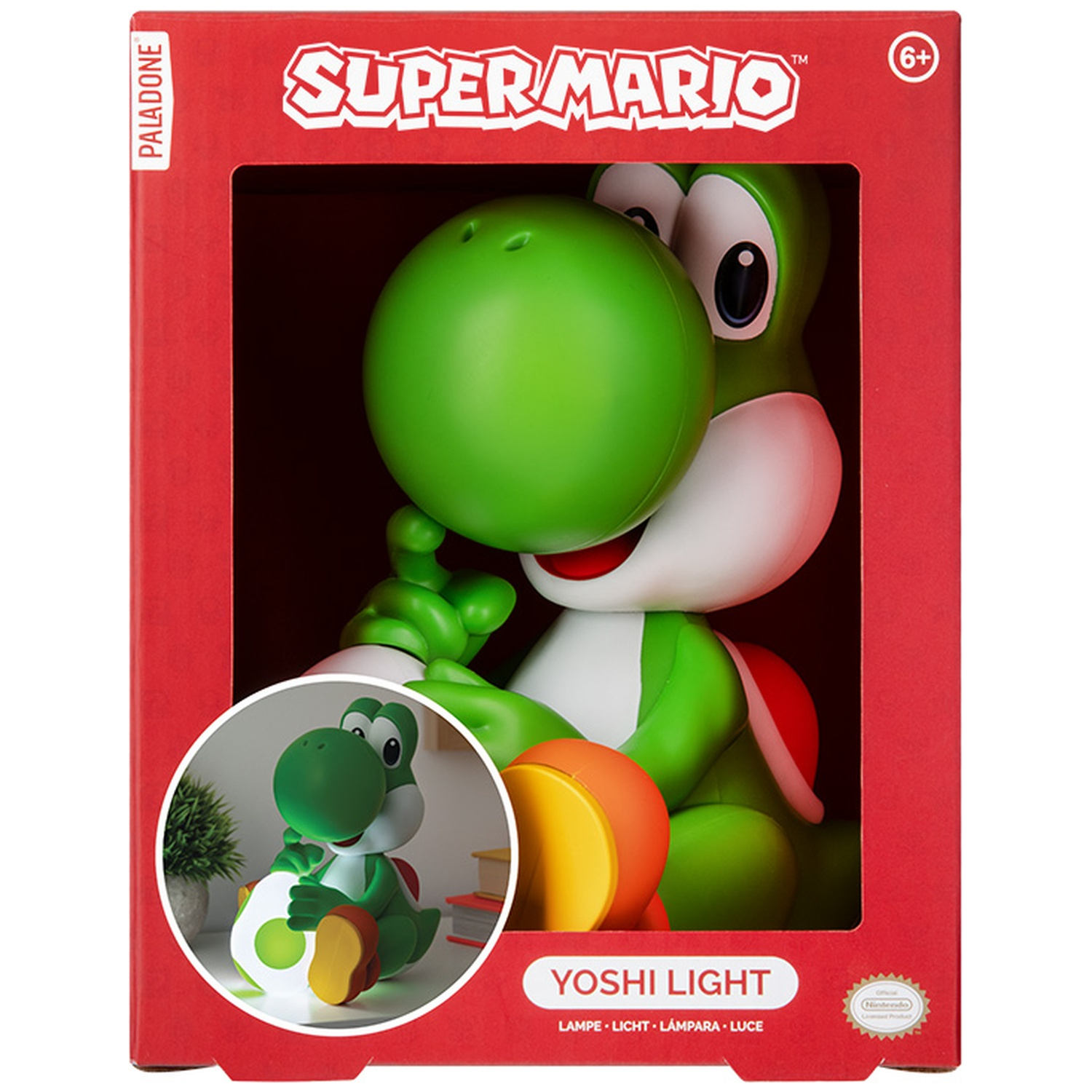 Yoshi-figuur in Super Mario-verpakking, gloeit van binnenuit.