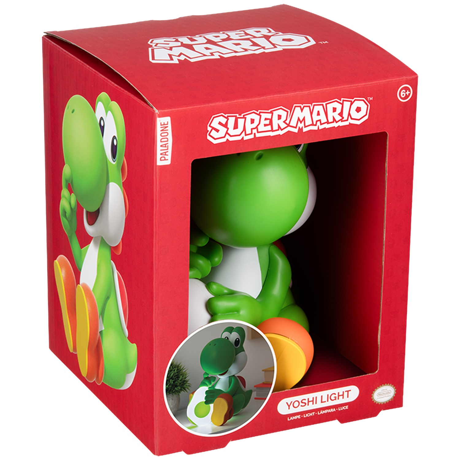 Yoshi-figuur in Super Mario-verpakking, een lamp met licht. Detail in cirkel.