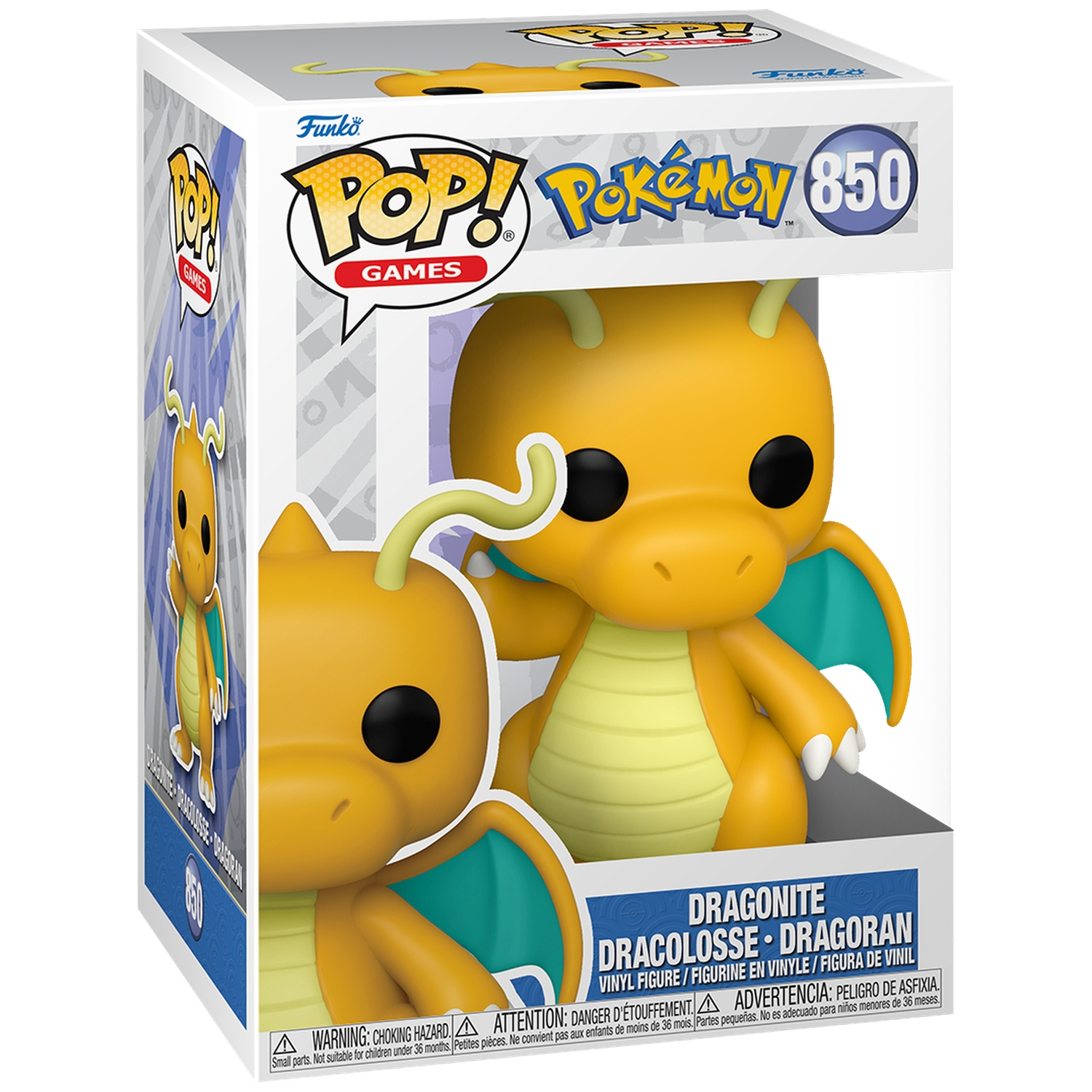 Figurine vinyle Funko Pop! Dragonite en boîte. Jaune, ailes bleues, sur socle blanc.
