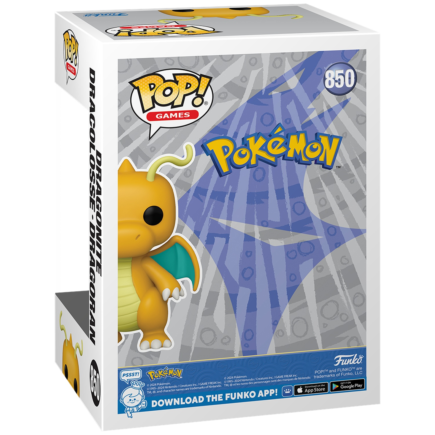 Boîte Funko Pop! de Dracolosse (N° 850) avec logo Pokémon et rayures bleues.
