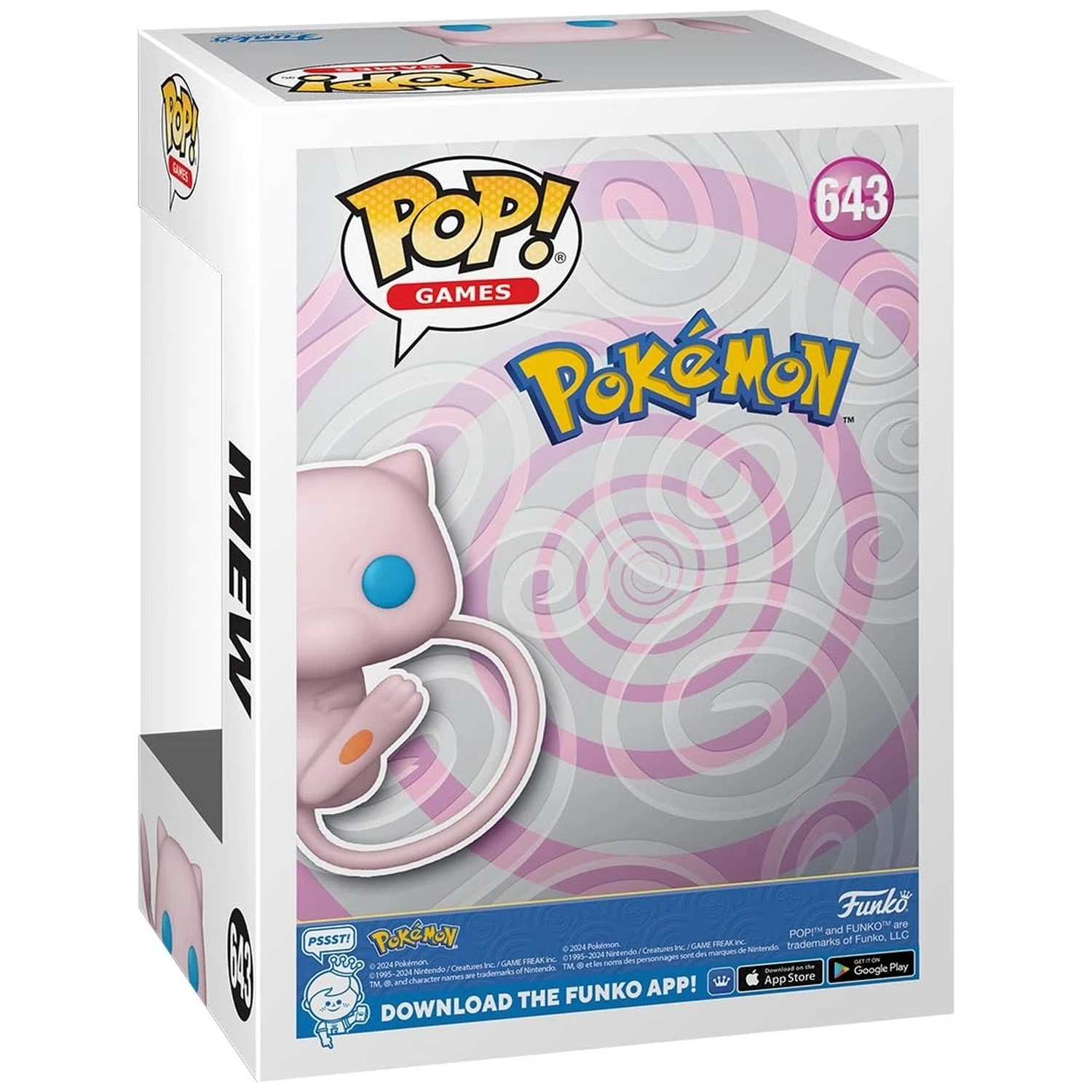 Une figurine à collectionner rose Funko Pop! Mew avec logo Pokémon sur emballage blanc.